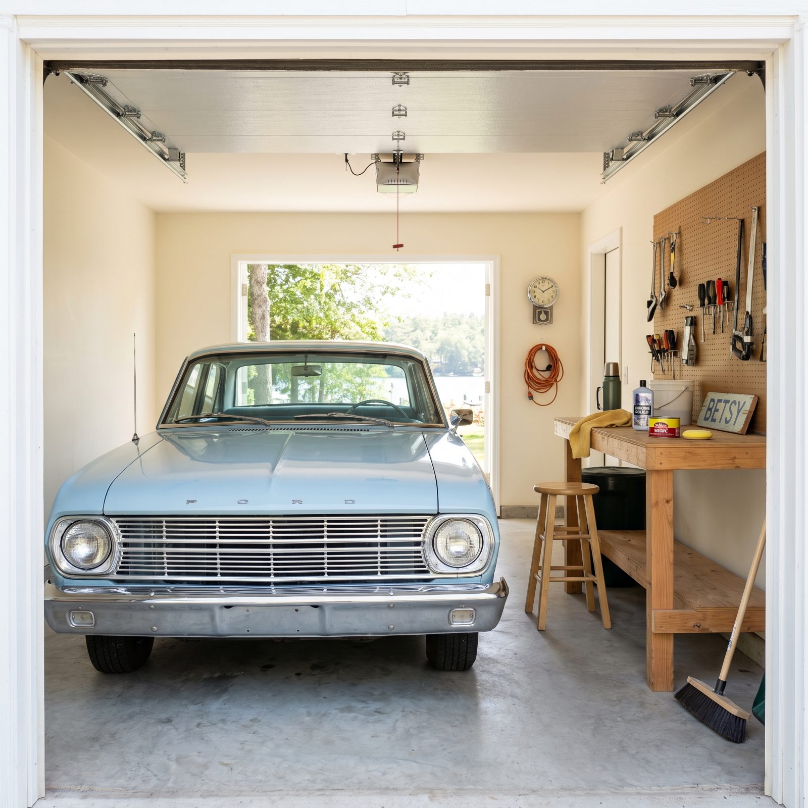 1960s garage with a pale blue sedan parked facing out and a workbench holding chamois, chrome polish, and a can of wax.
