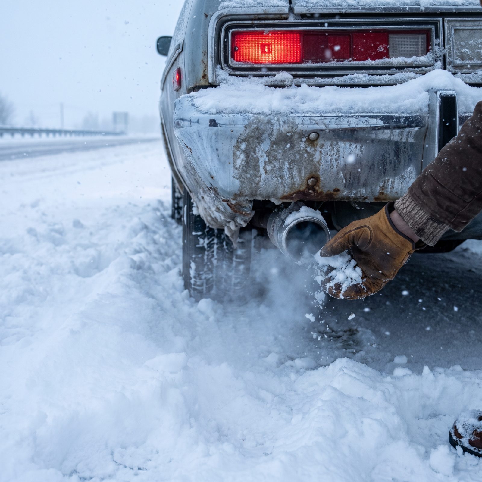 Digging the Snow Out of the Tailpipe Before Letting It Idle