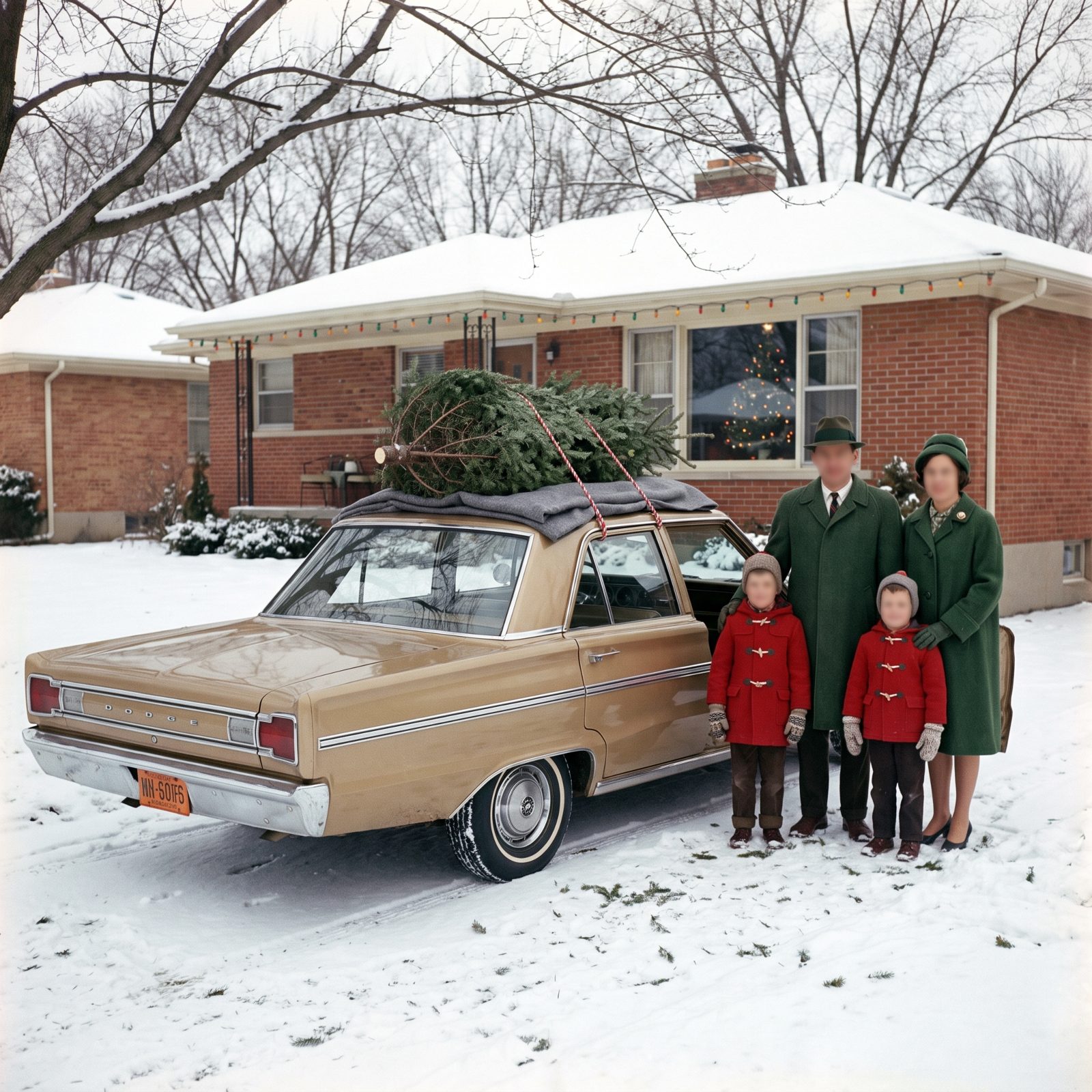 A Dodge Coronet Beside a Family in Matching Winter Coats