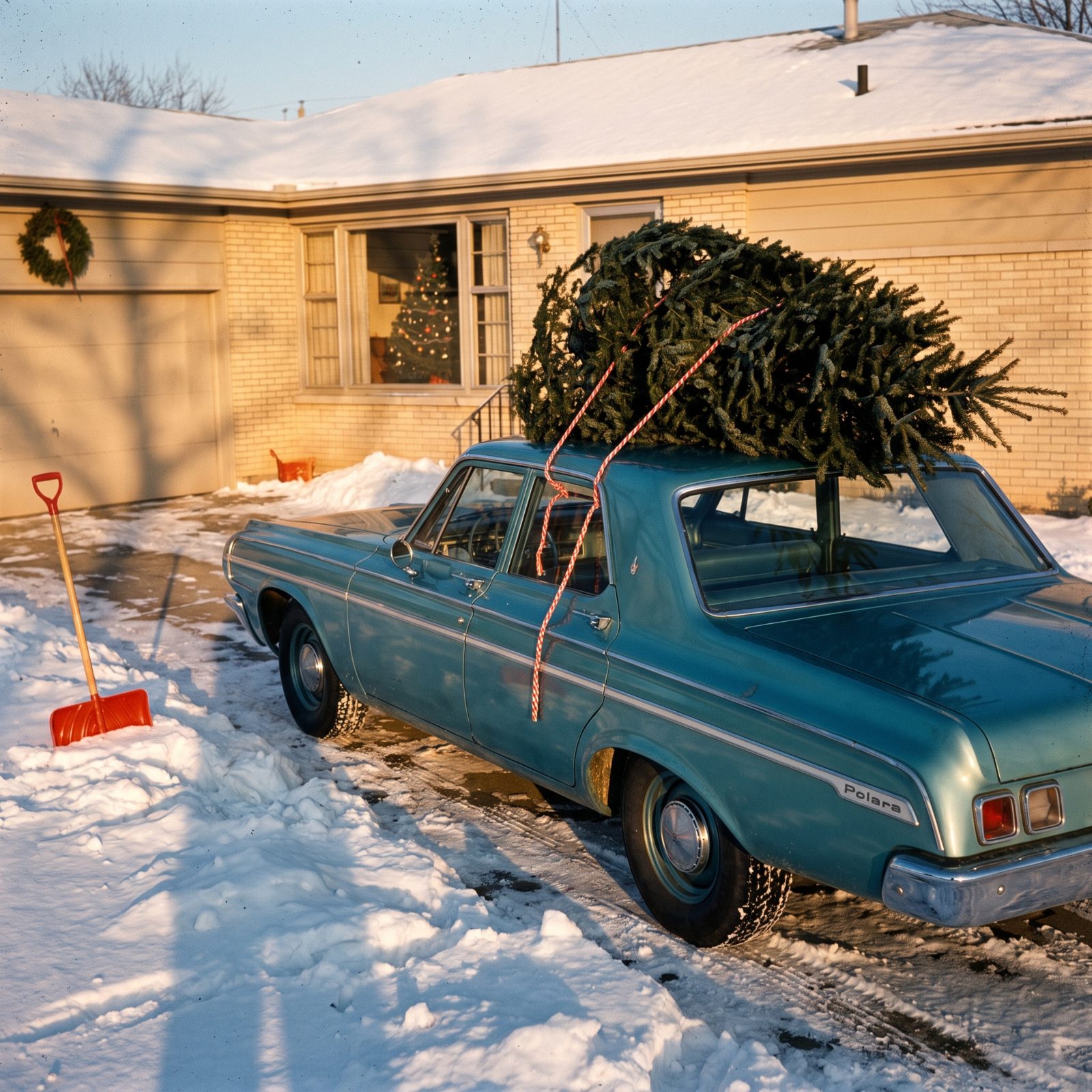 A Dodge Polara With Red-and-White Clothesline Holding the Tree Down