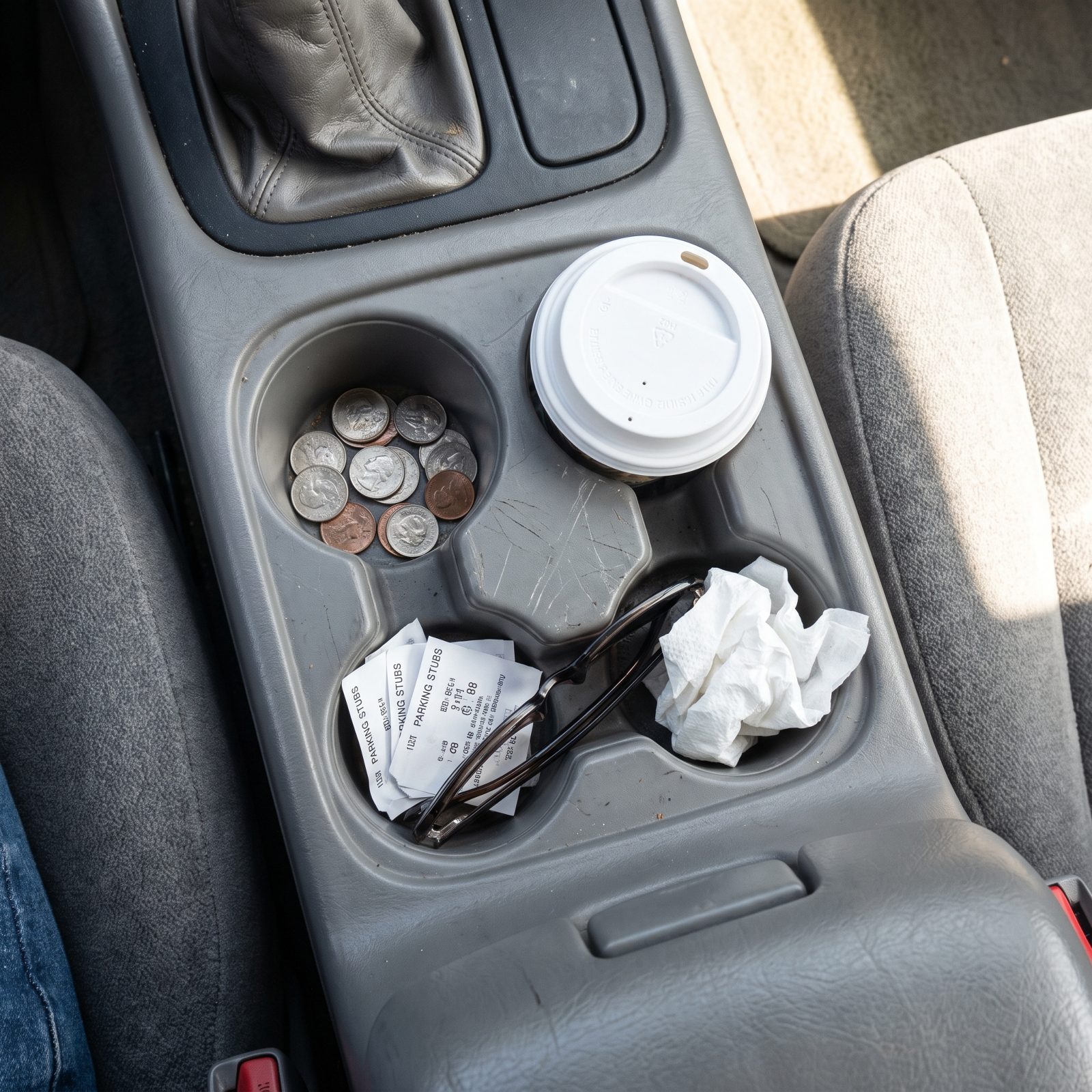 Center console of a 1990s car from above holding two coffee cup lids, loose coins, three parking stubs, sunglasses, and one