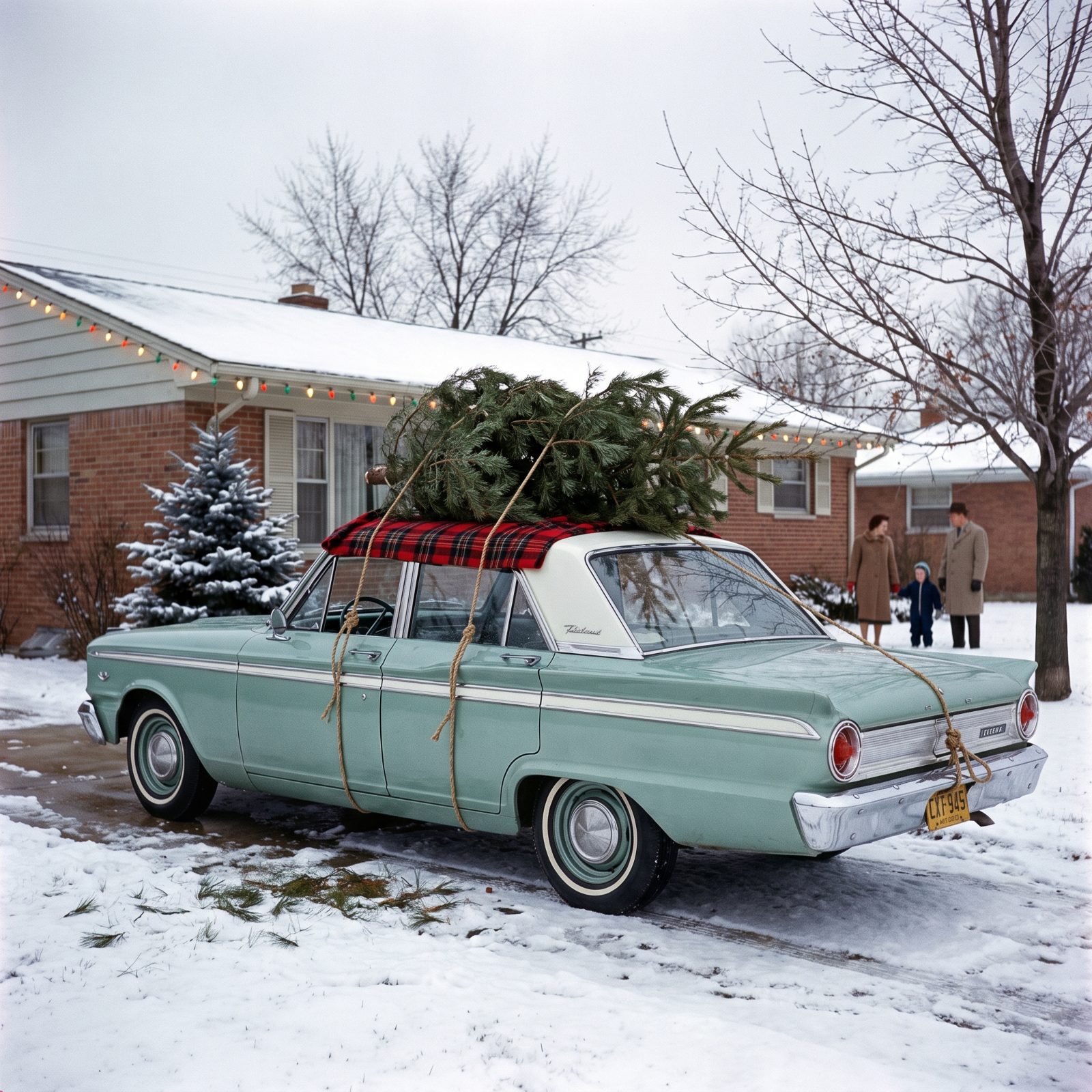 A Ford Fairlane With a Tree Tied Over a Plaid Picnic Blanket