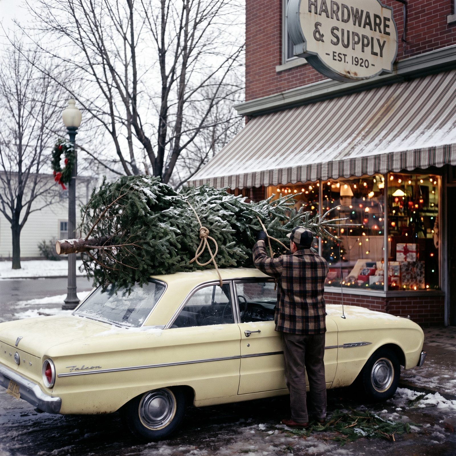 A Ford Falcon With a Crooked Tree on Top