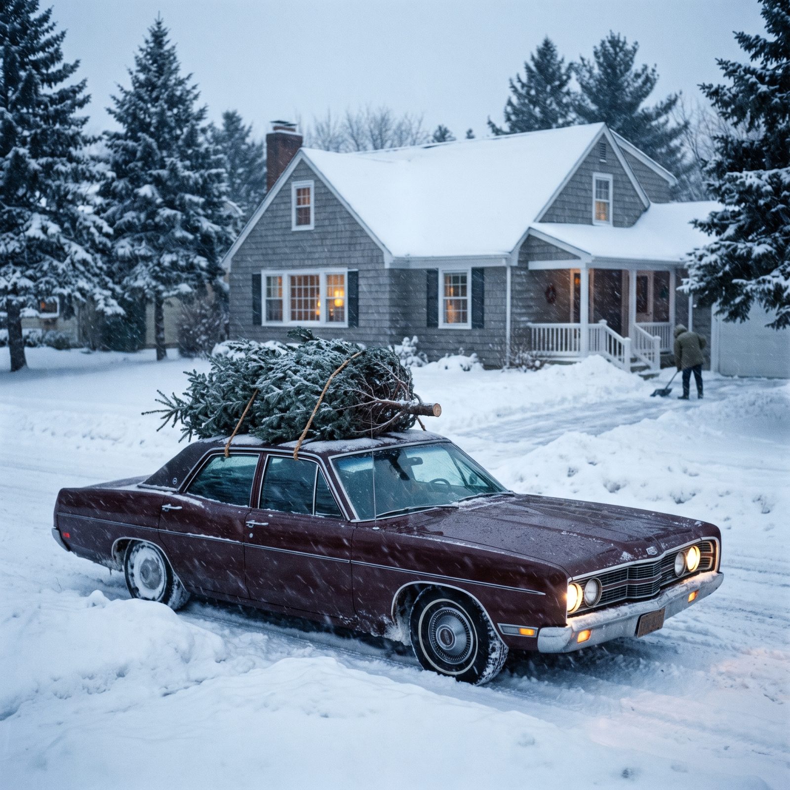 A Ford LTD Carrying a Tree Through Heavy Lake-Effect Snow