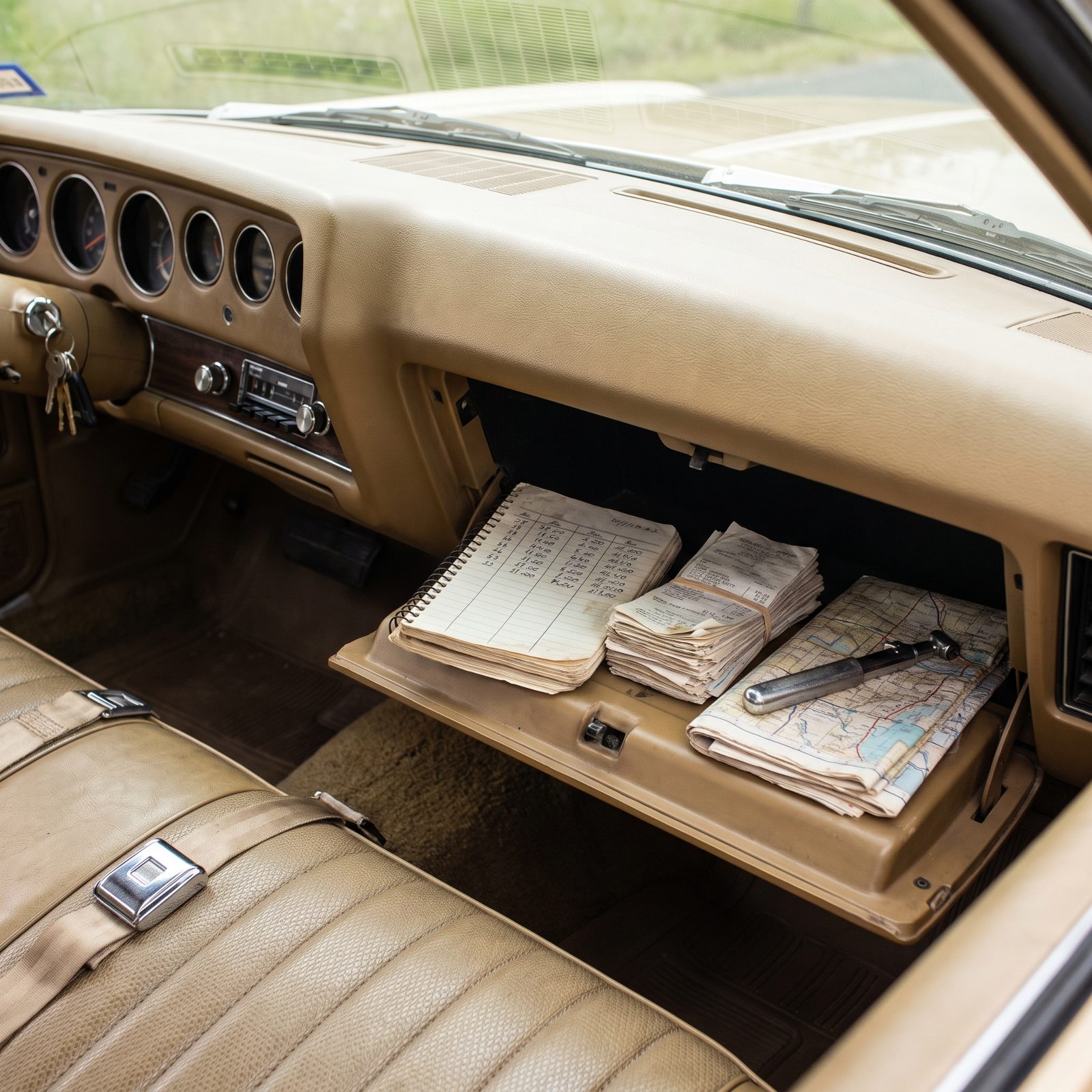 1970s sedan interior with the open glovebox showing a spiral notebook of handwritten numbers, gas receipts, a tire gauge,