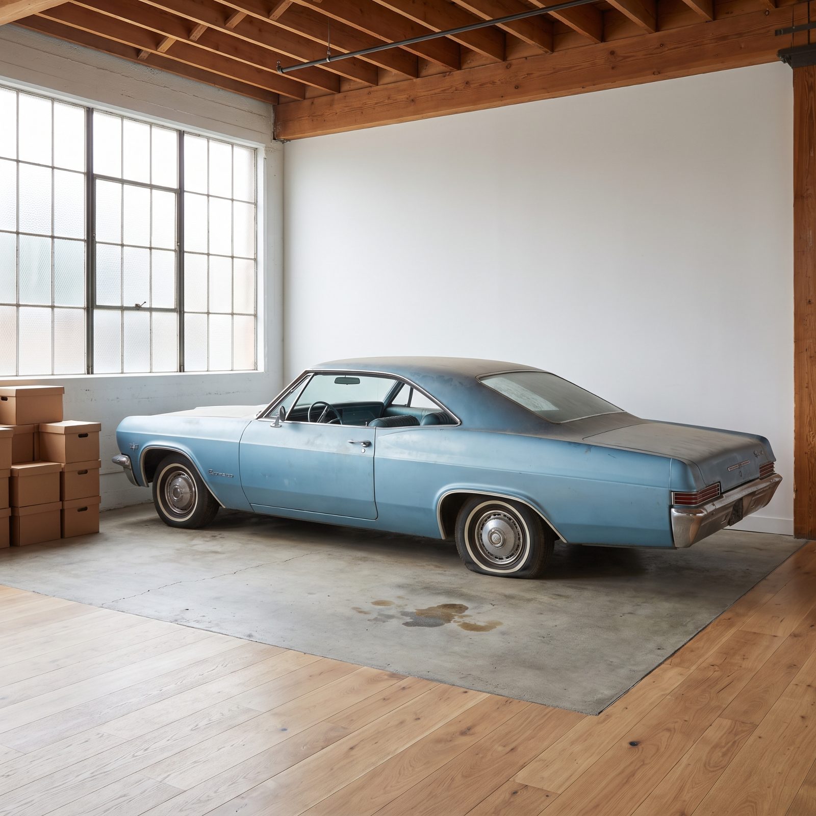 Back corner of a garage with a dusty faded blue 1960s coupe on flat tires parked nose-in against the wall, boxes stacked