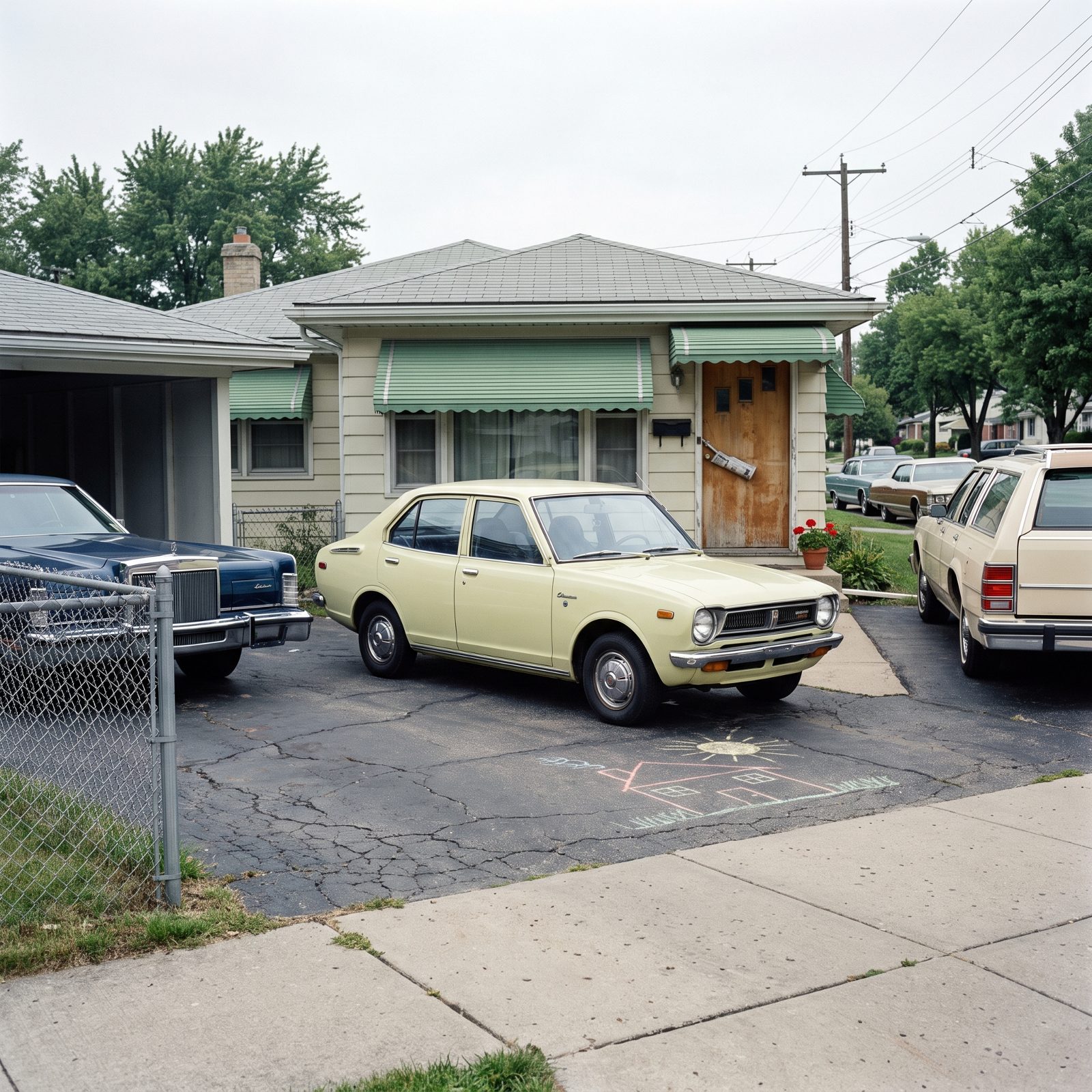A small yellow 1974 Japanese import sedan parked in a driveway between larger American cars at neighboring homes.