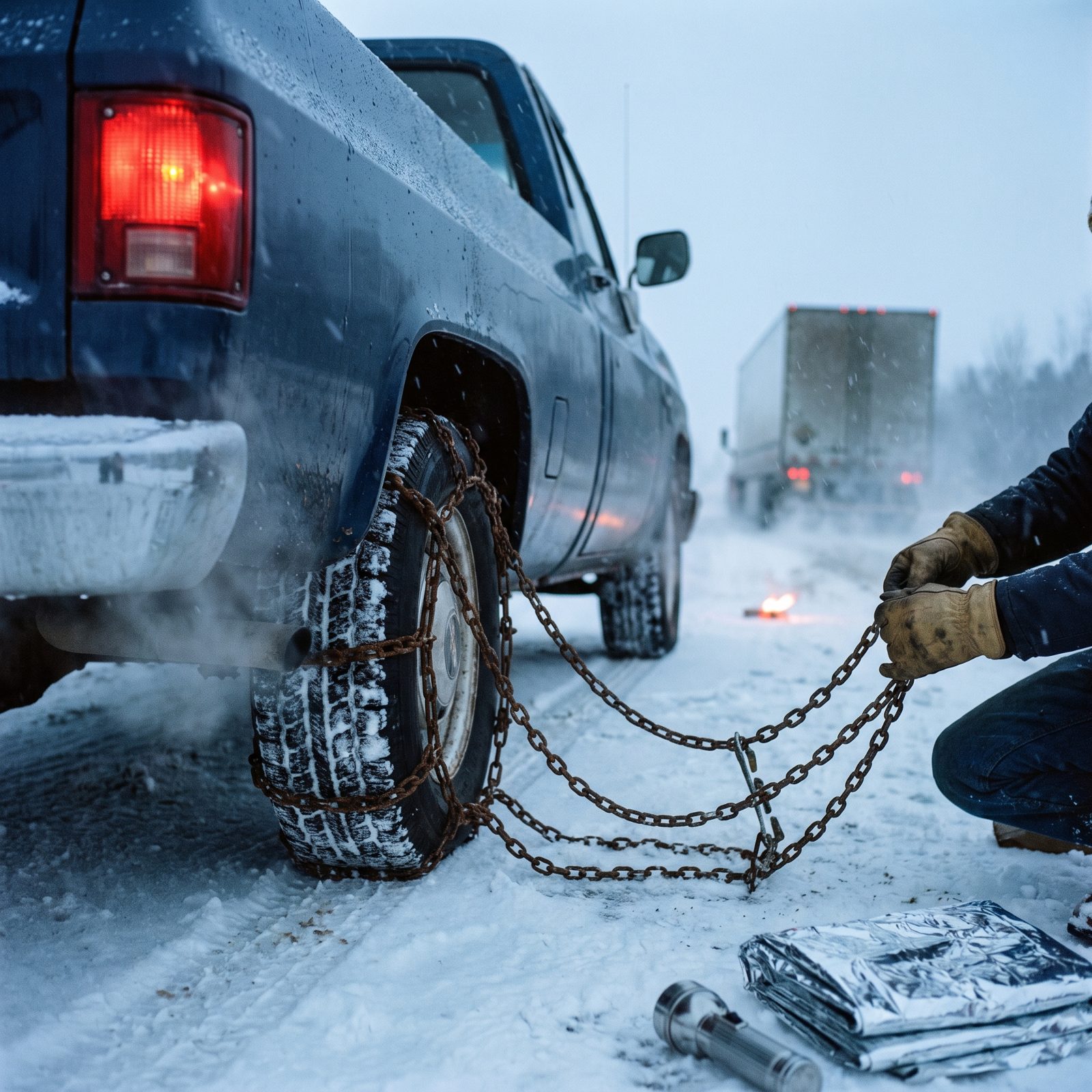 Installing Tire Chains by Hand on the Snowy Shoulder