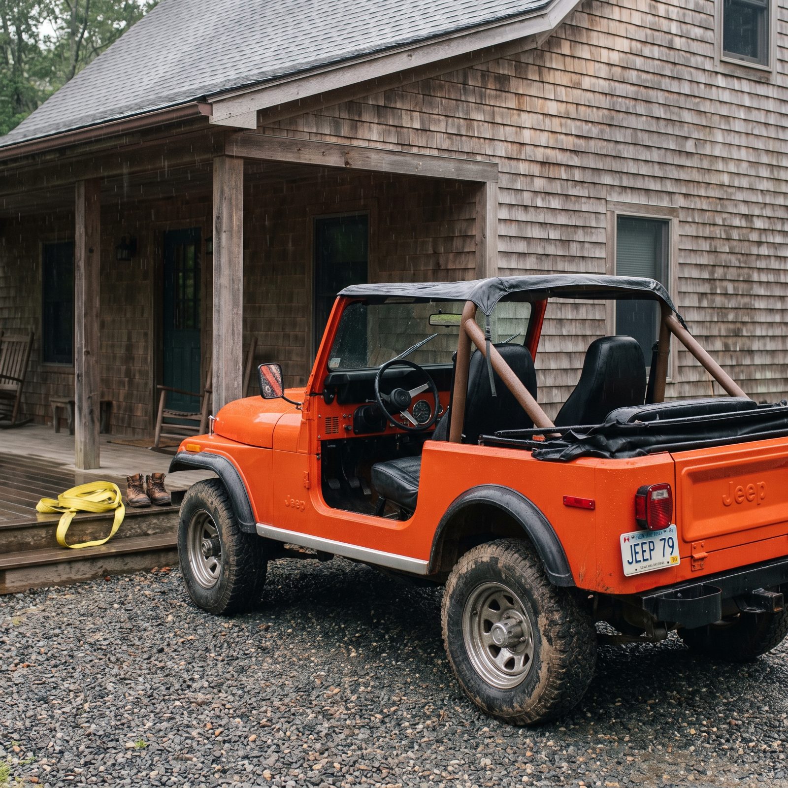 Orange 1979 Jeep CJ-7 with doors off and top down sitting in the rain on a gravel driveway beside a cedar house.