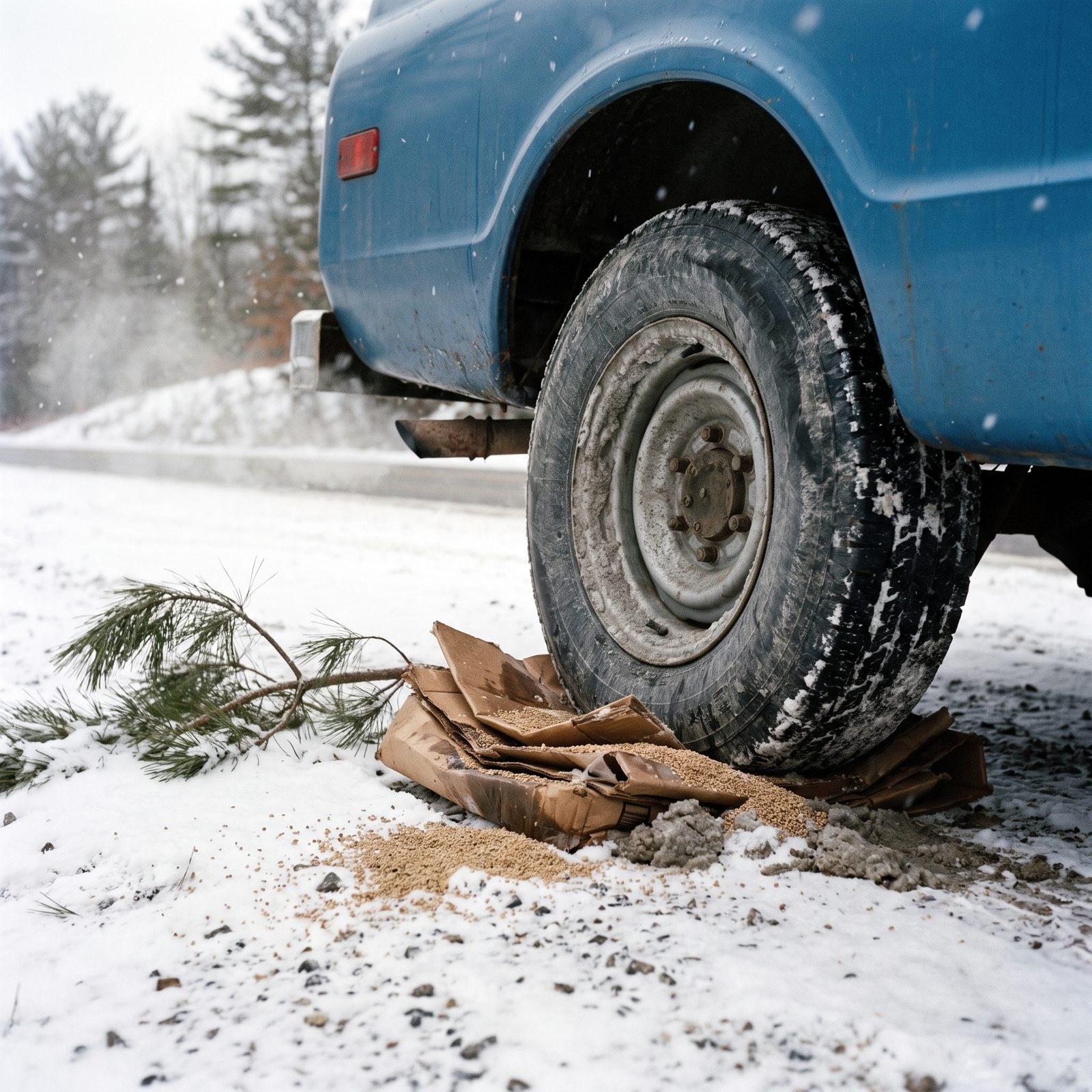 Kitty Litter, Flattened Cardboard, and Evergreen Branches Under the Spinning Tires