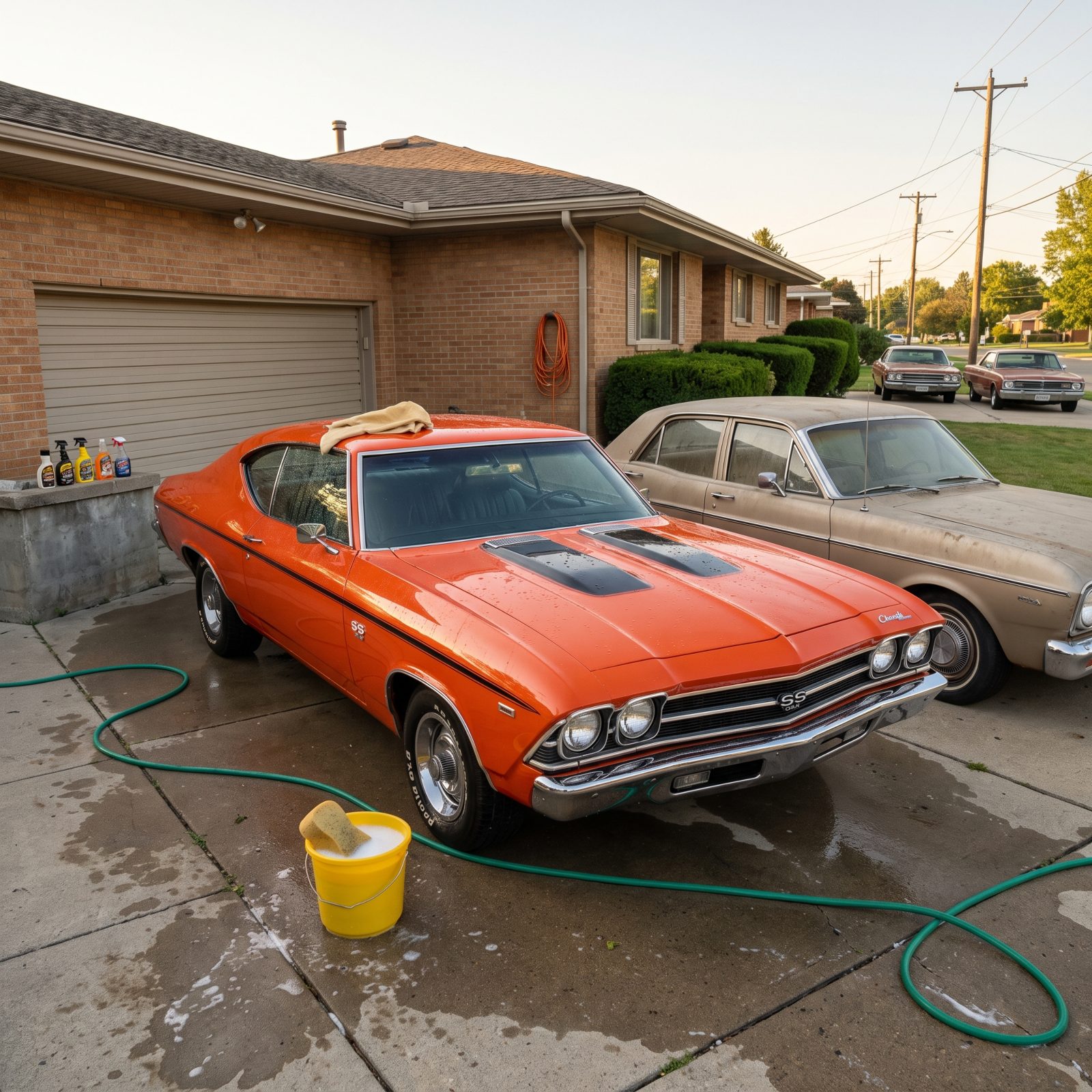 An orange muscle car with black stripes being washed in a driveway next to a dusty unwashed family sedan.