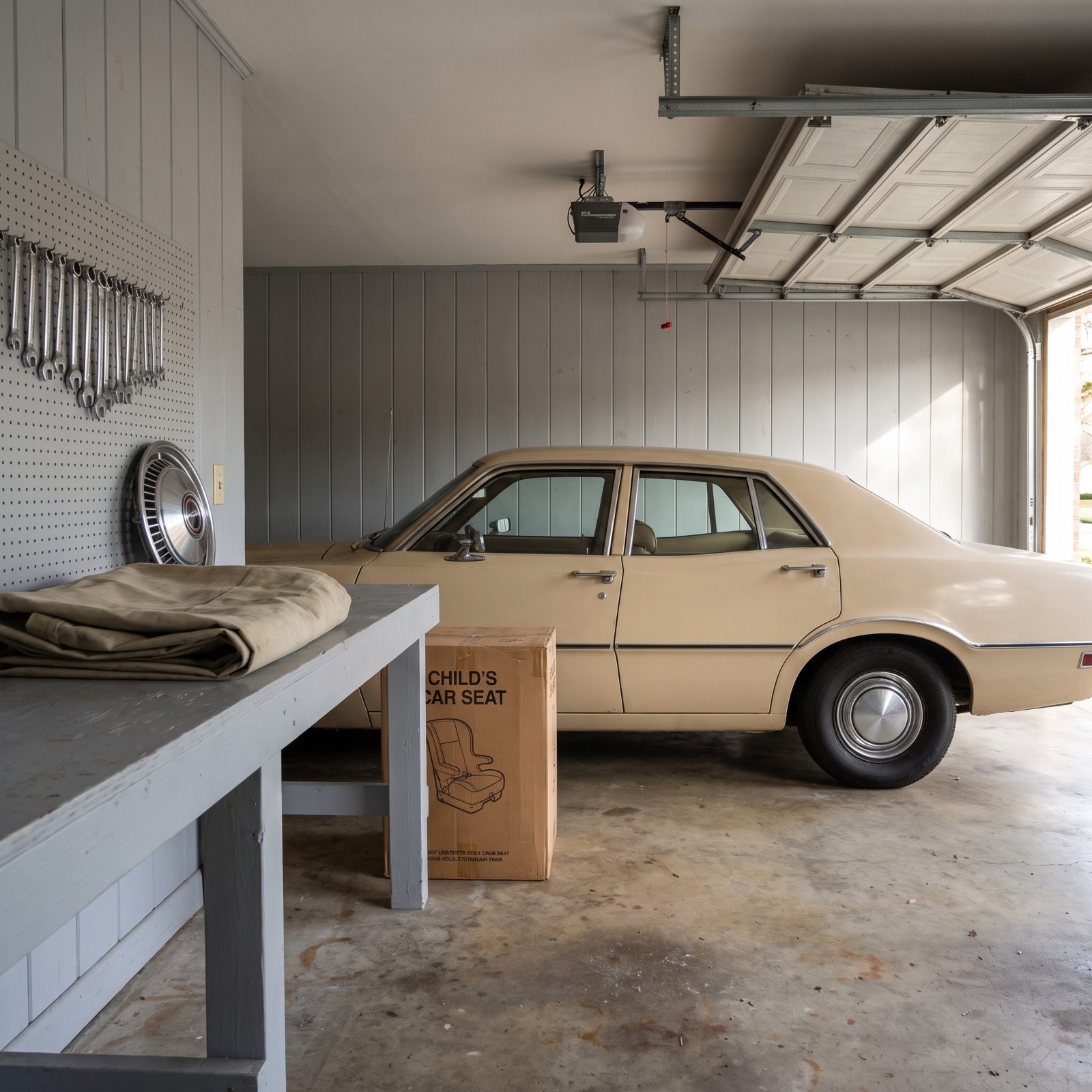 Early-1970s garage with a beige four-door sedan, a boxed child car seat on the floor, and a single chrome hubcap leaning