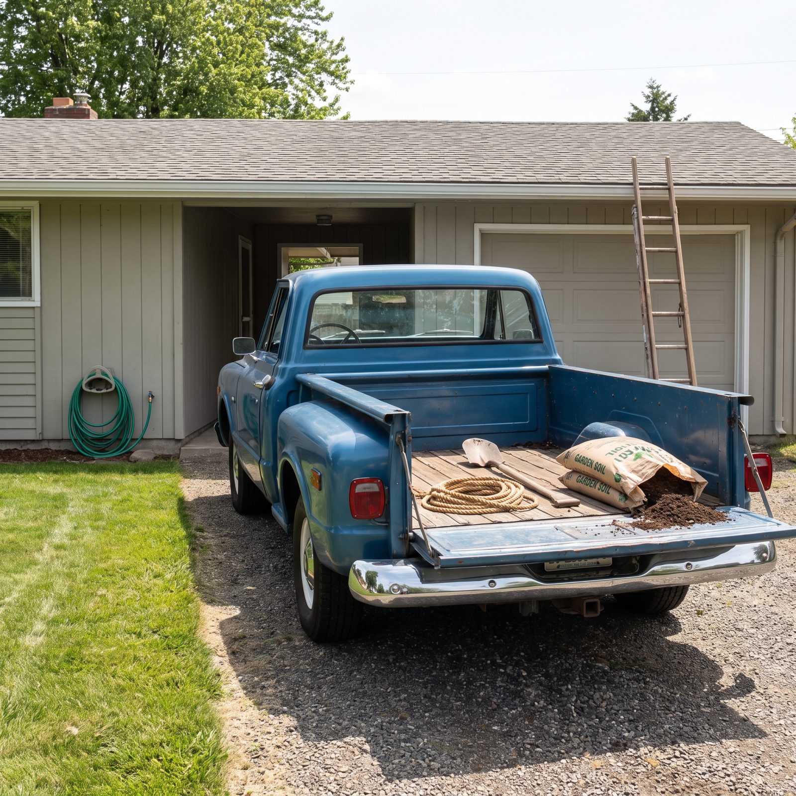 Late-1960s suburban driveway with a blue step-side pickup truck holding rope, a shovel, and two bags of garden soil in the