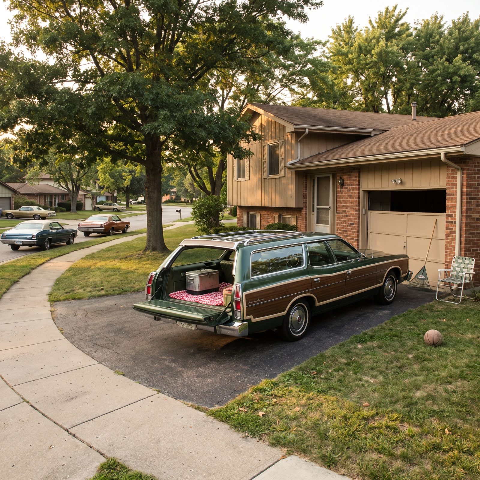 A 1970s wood-paneled station wagon in a driveway with the tailgate down showing a rear-facing third-row seat and a cooler.