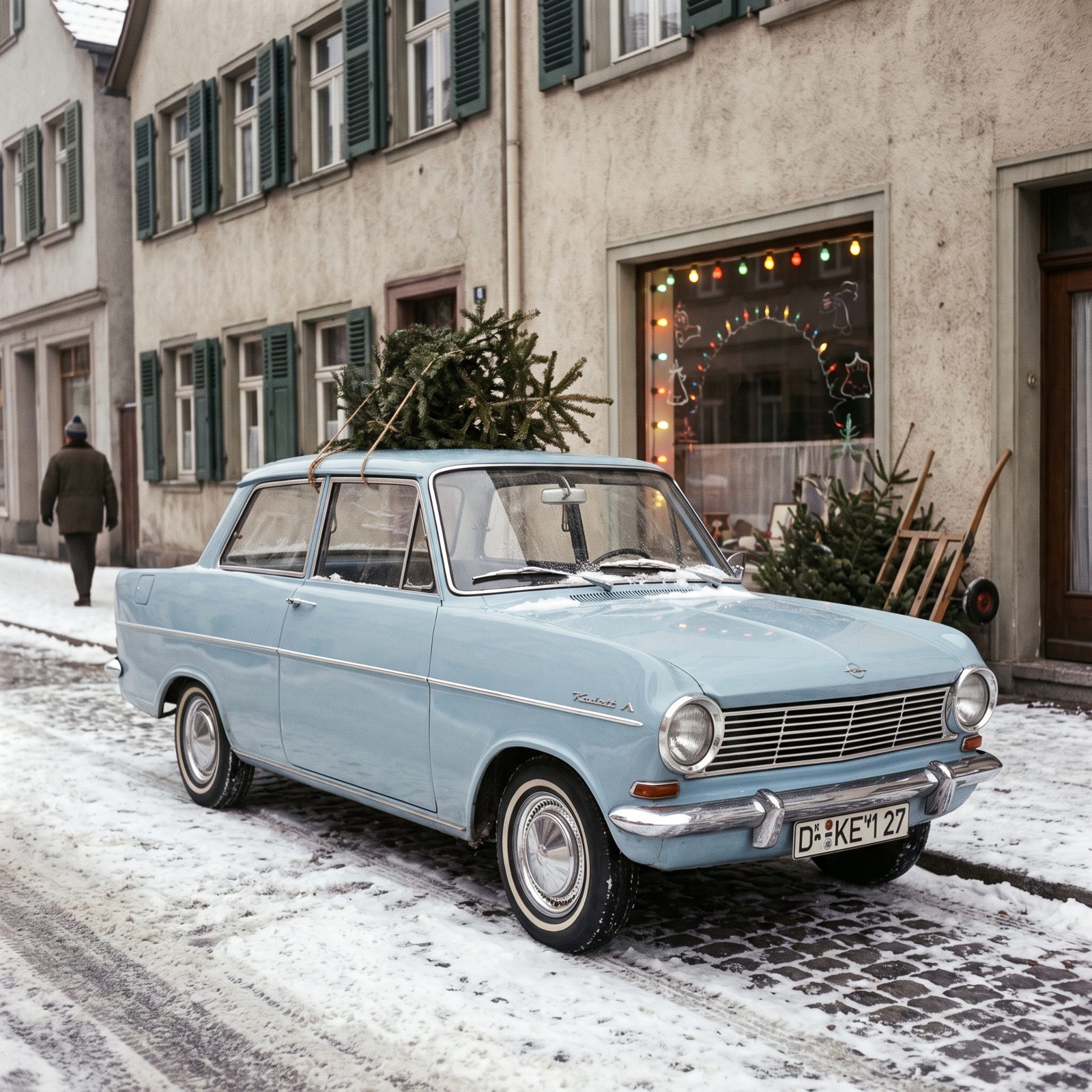 An Opel Kadett With a Tiny Tabletop Tree on Its Roof
