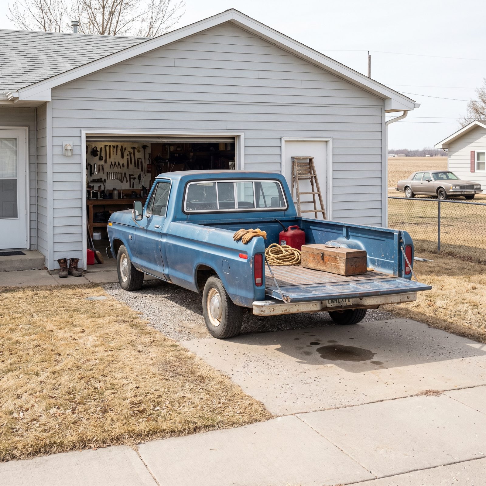 A faded blue 1970s pickup backed into a driveway with the grille facing the street and a toolbox and gas can in the bed.