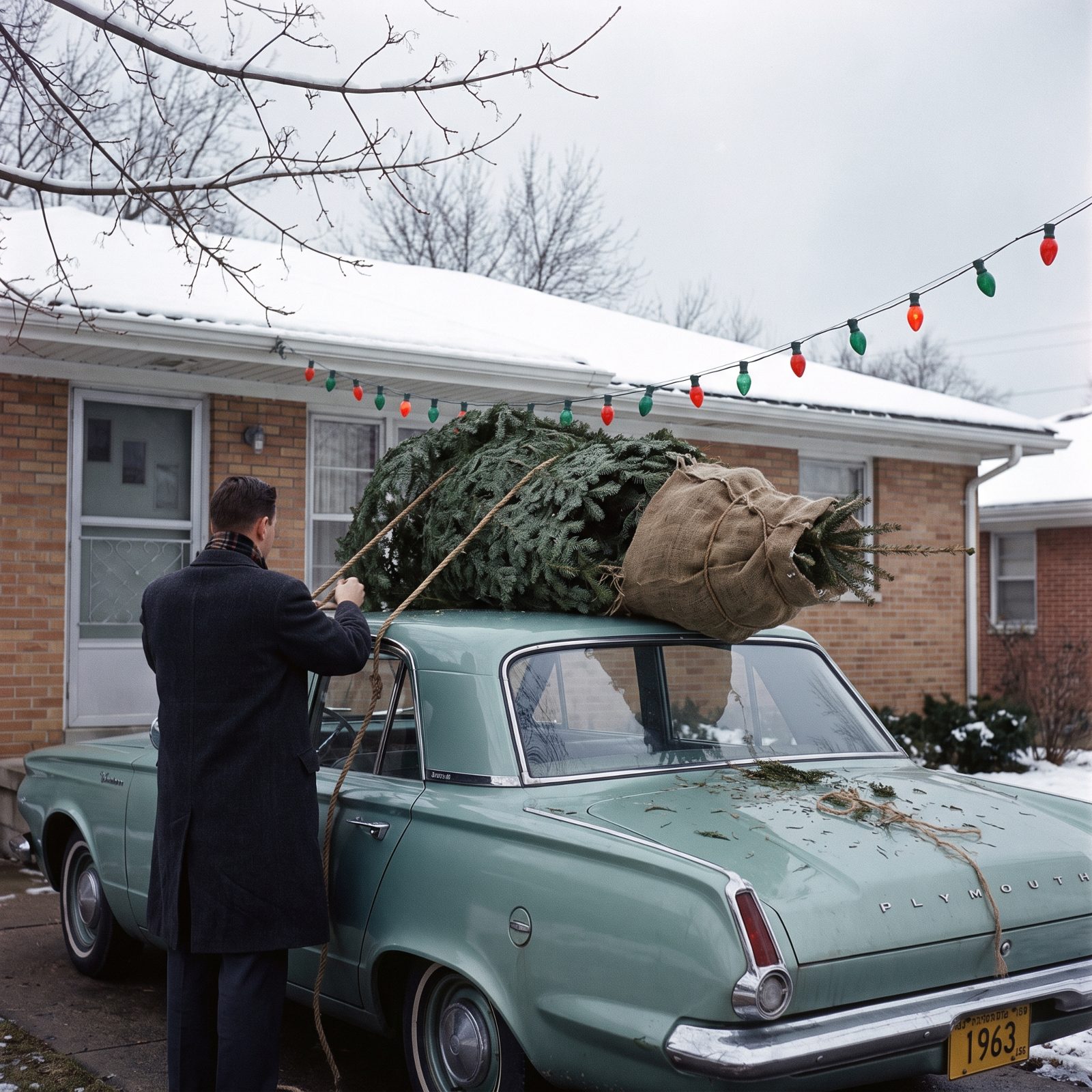 The Plymouth Valiant With Its Tree Wrapped in Rough Burlap