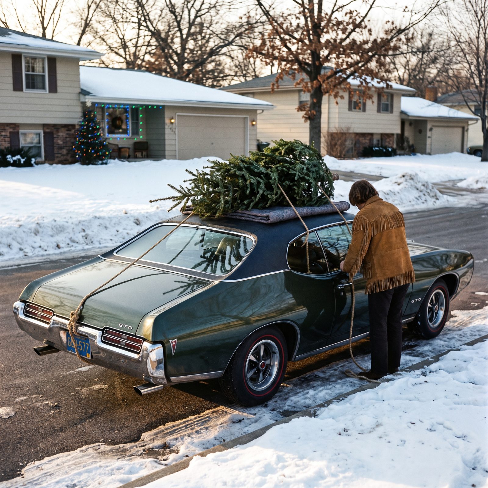 A Pontiac GTO With a Fir Secured Above Its Vinyl Roof