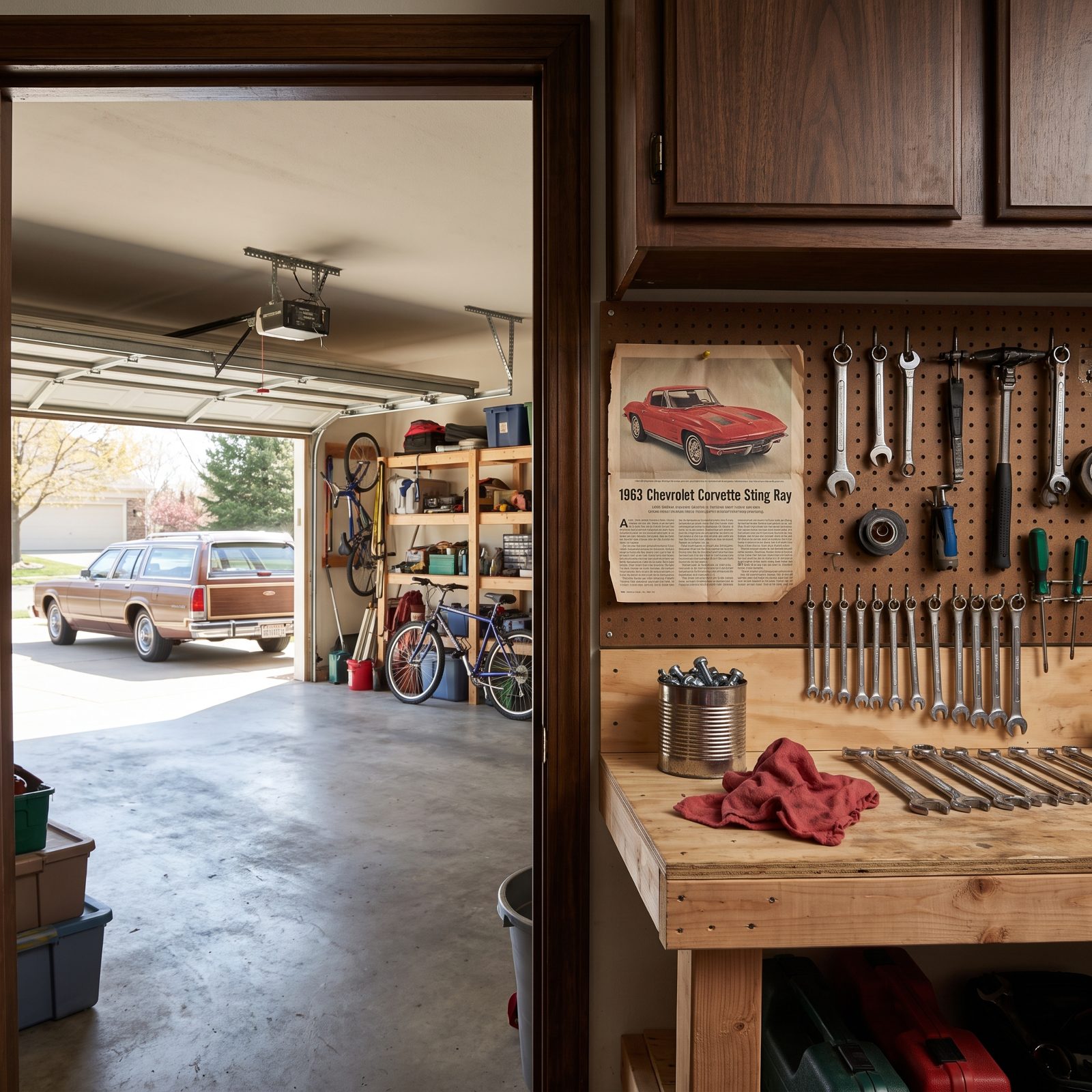 Home garage workbench with a pinned magazine page of a sports car above it and a station wagon parked in the driveway beyond.
