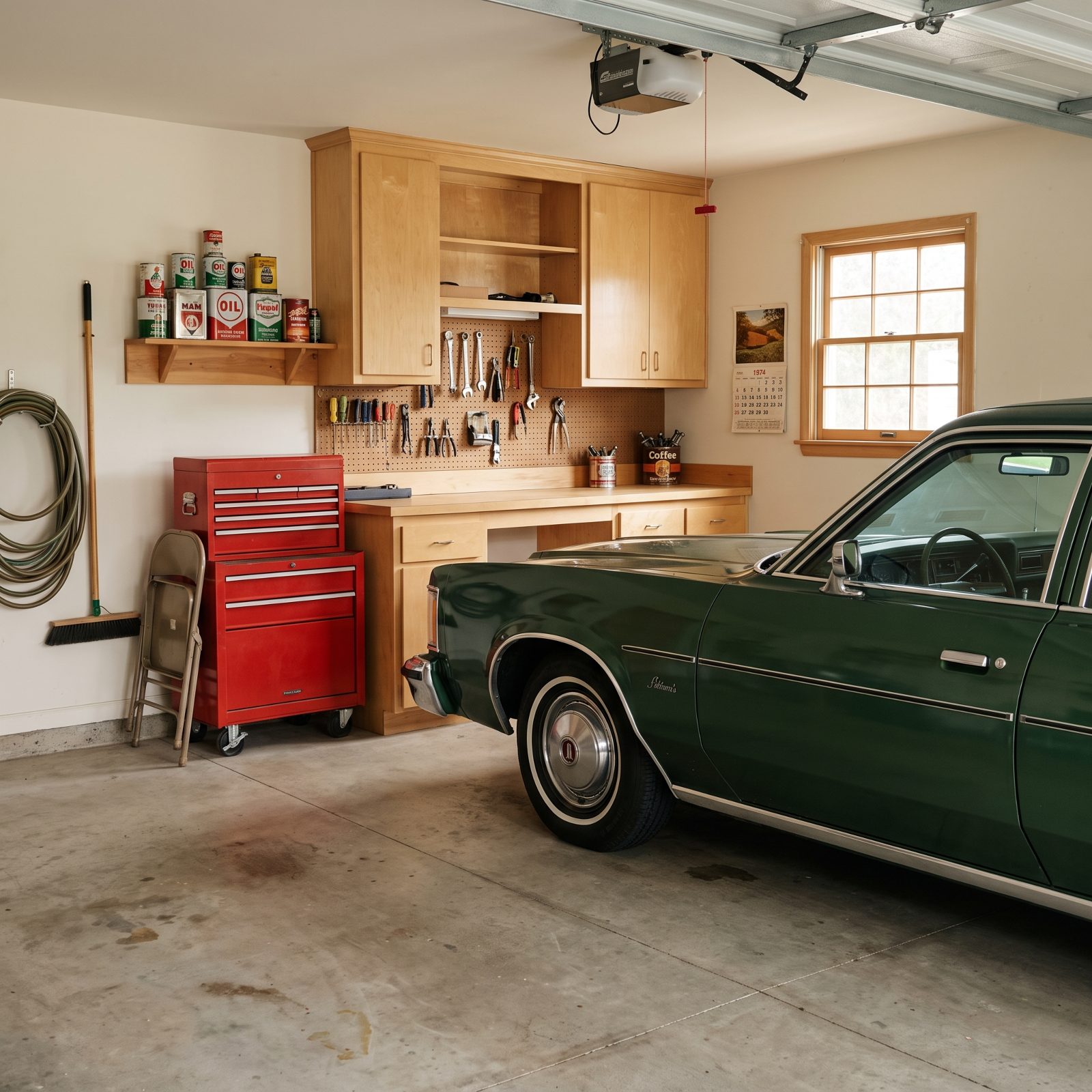 1970s suburban garage with a dark green full-size American sedan parked nose-in and a pegboard of tools on the back wall.