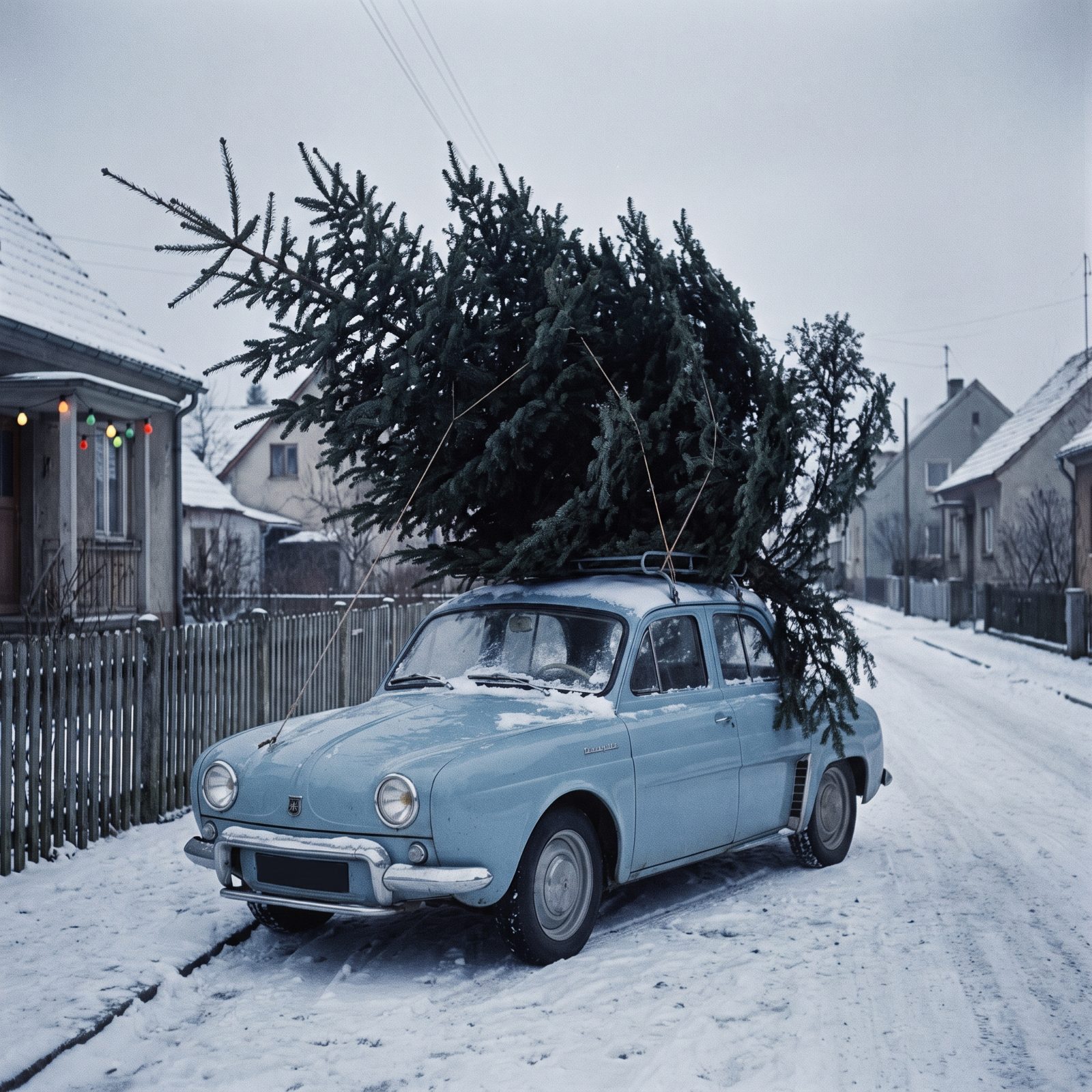 A Renault Dauphine Nearly Hidden Beneath an Oversized Fir