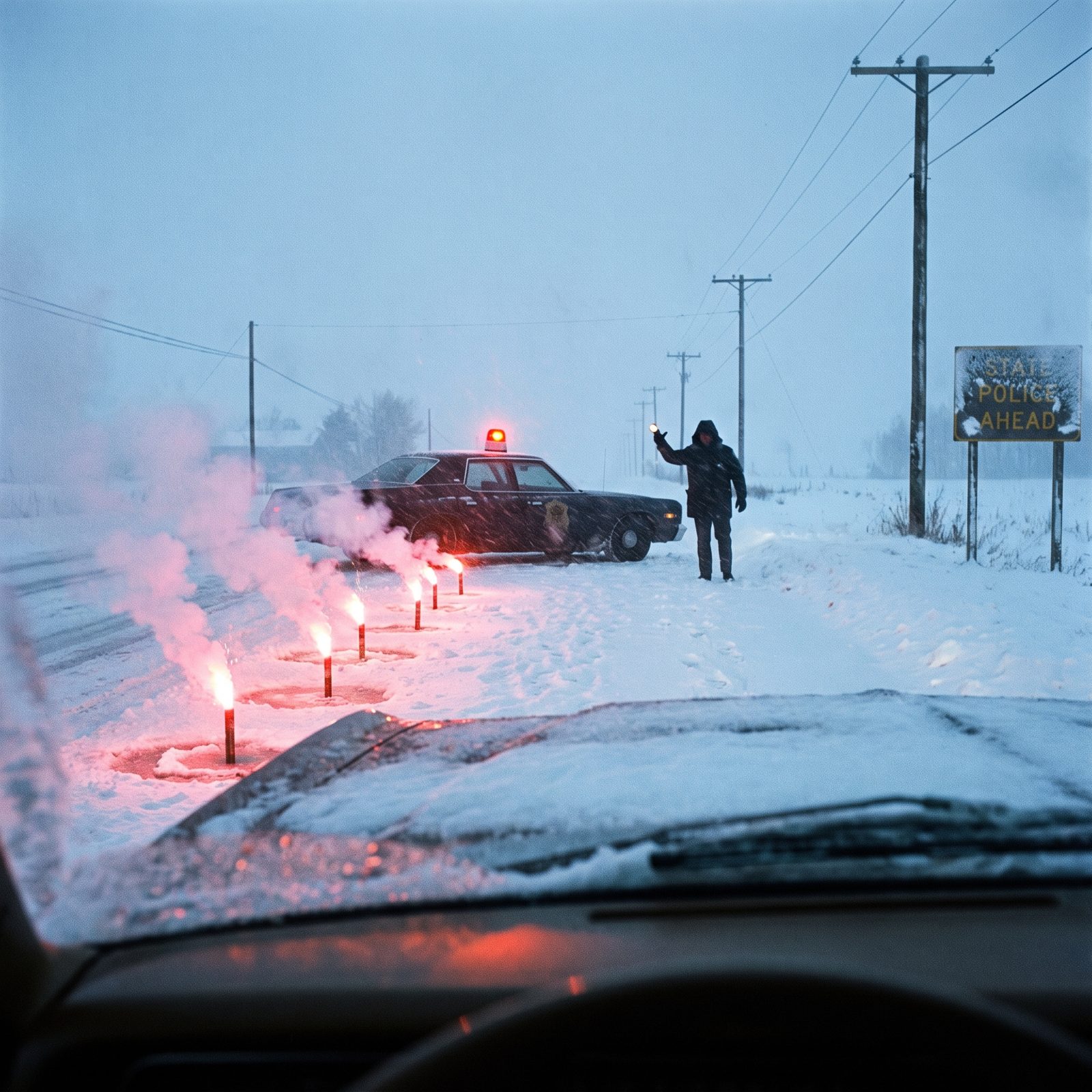 Rolling Up on a Closed Road Marked Only by Burning Flares in the Snow