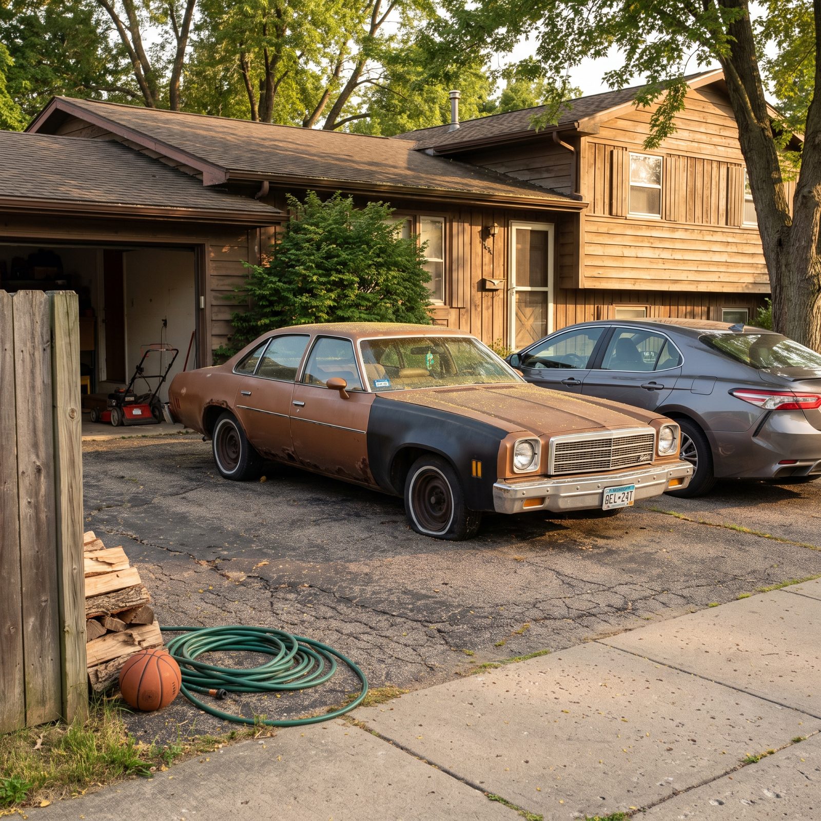 A faded brown 1970s car with rust along the lower doors and a mismatched fender parked beside a newer sedan in a driveway.