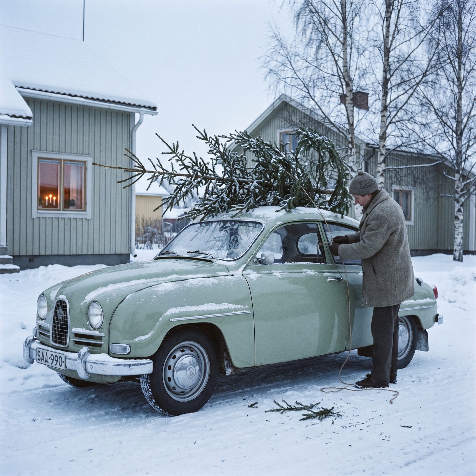 The Saab 96 Carrying a Skinny Scandinavian-Style Spruce