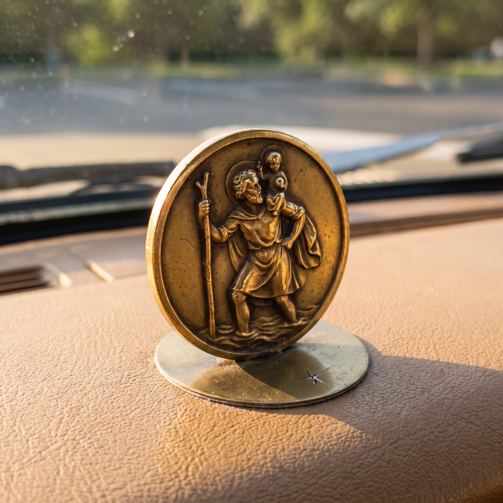 The Saint Christopher Medal Fixed to the Dash for the Road Ahead