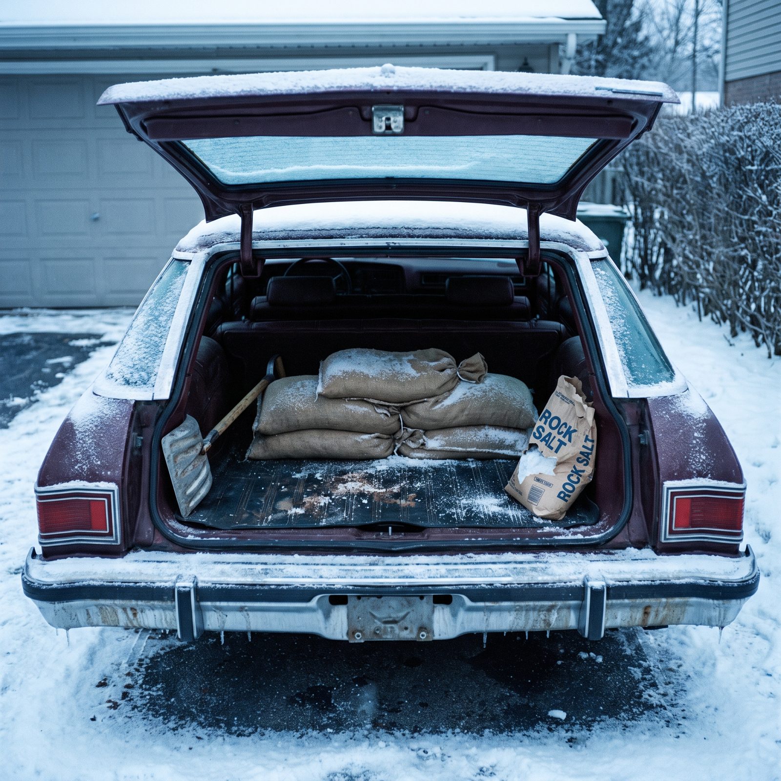 Sandbags Piled Inside the Trunk for Extra Traction