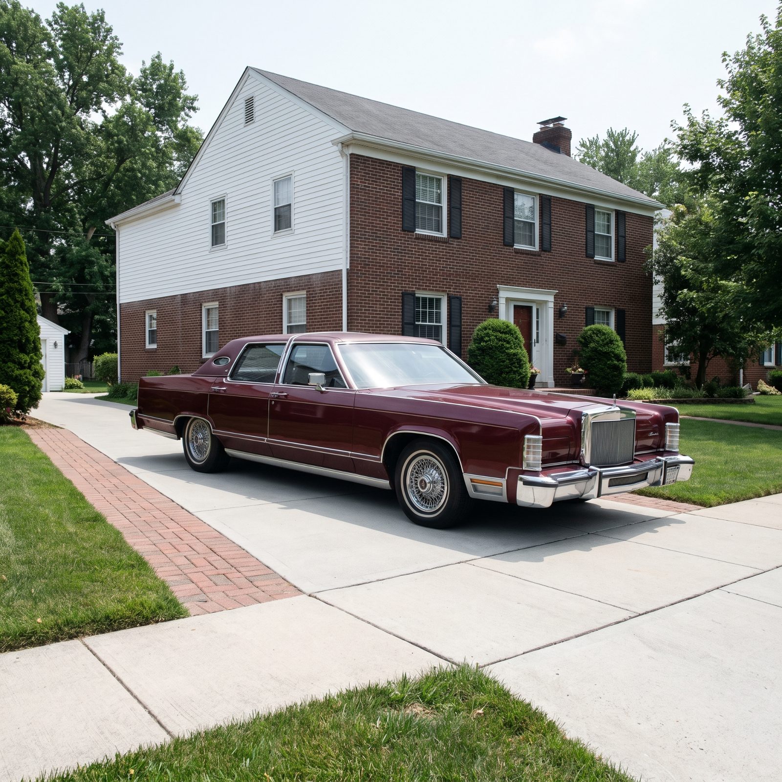 Late-1970s colonial home driveway with a deep maroon full-size luxury sedan with a vinyl half-roof and wire wheel covers.