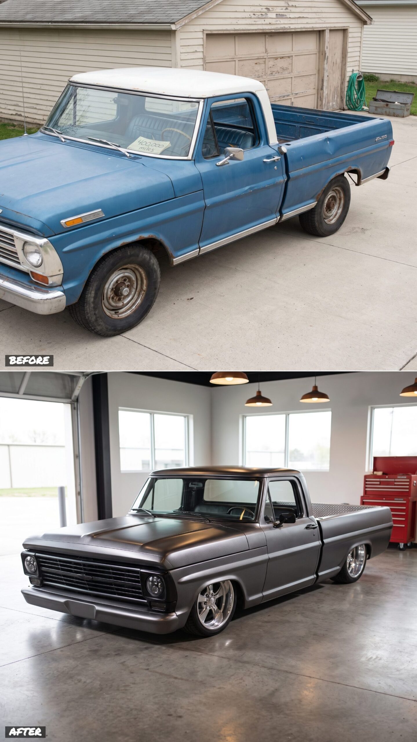 Slammed Shop Truck on Bagged Air Suspension and Billet Wheels