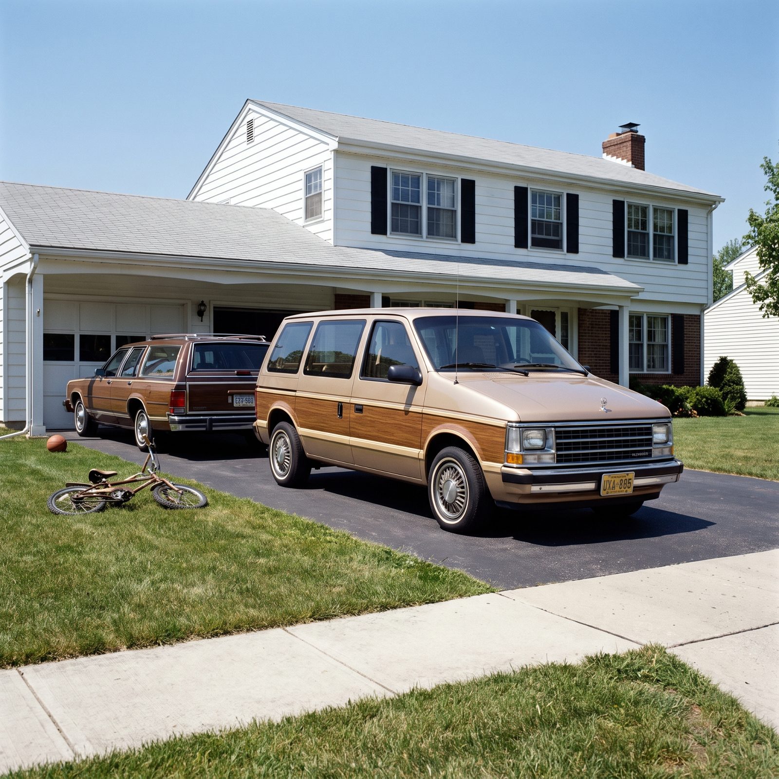 Driveway with a new tan 1984 minivan in front and an older wood-paneled station wagon parked behind it near the garage.