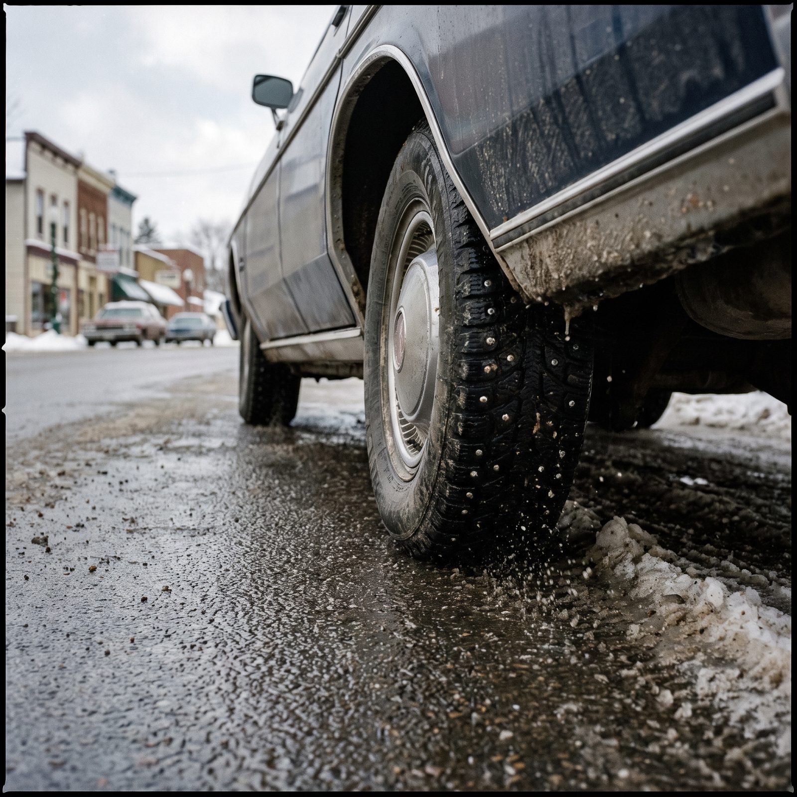 Studded Snow Tires Clattering on Bare Pavement