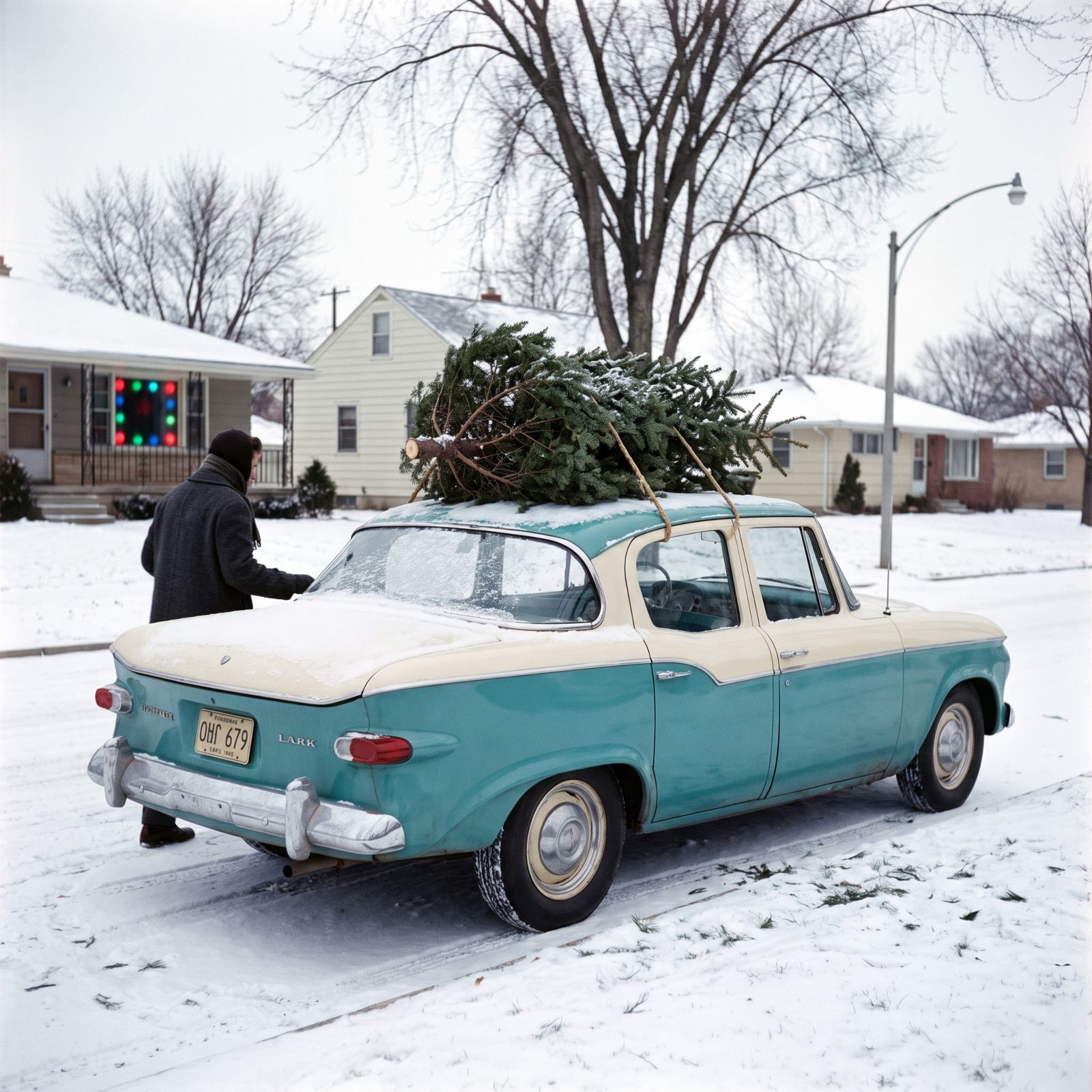 A Studebaker Lark Wearing a Tree Like a Holiday Hat