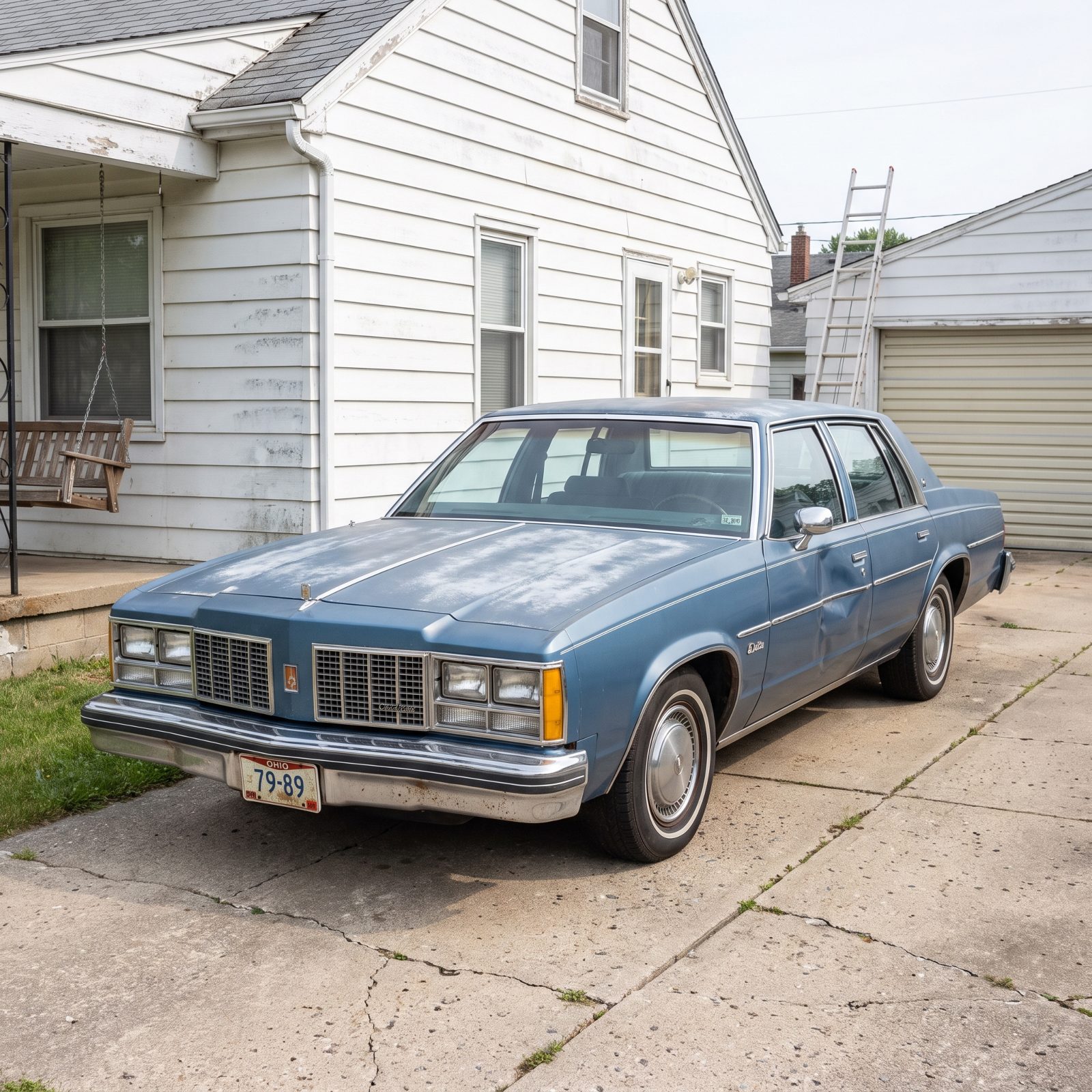 Faded blue 1979 Oldsmobile Delta 88 with oxidized paint and a dented door parked in an old concrete driveway beside a white