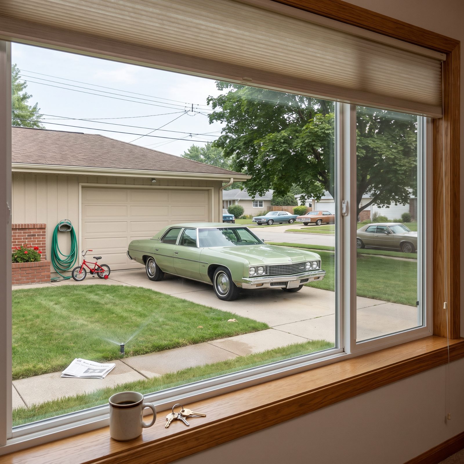 View through a front window of a driveway with a single pale green sedan parked square to the garage and a bicycle against