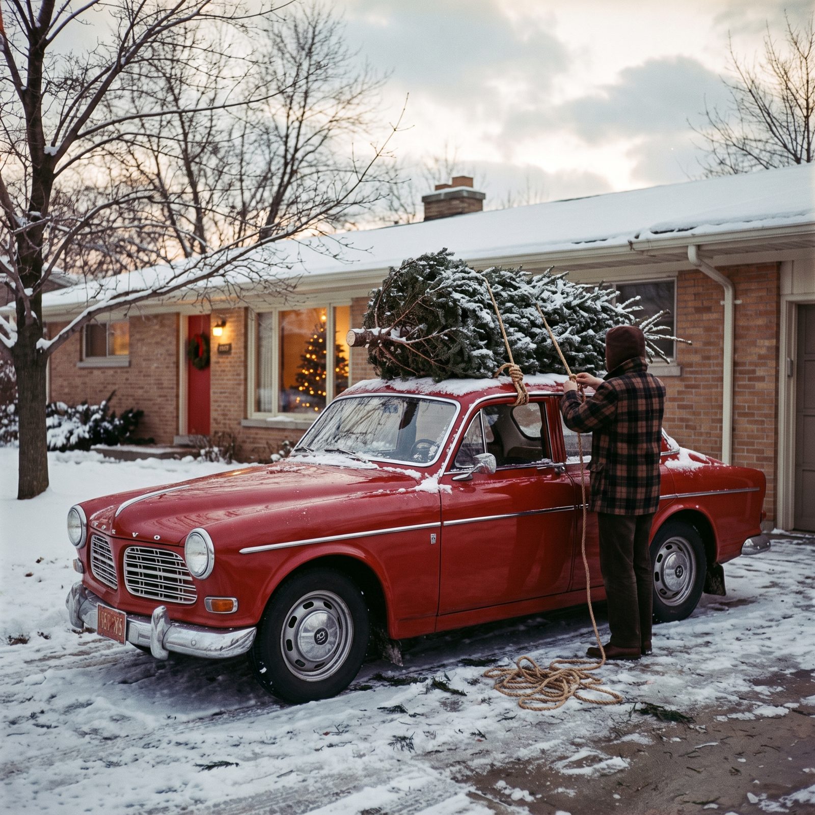 The Volvo Amazon With a Fresh Fir Secured to Its Rain Gutters