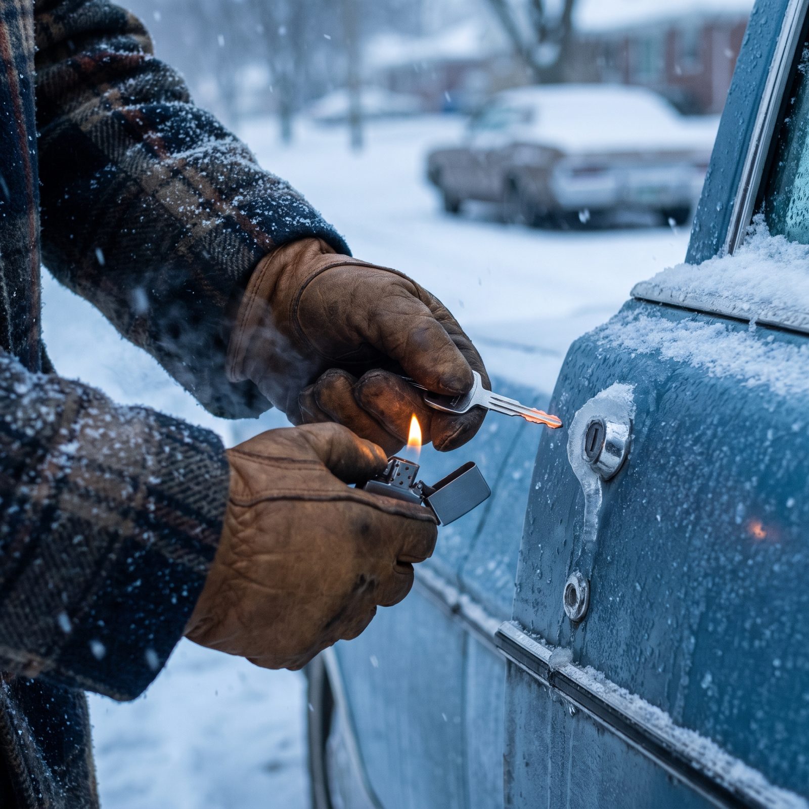 Warming a Metal Key With a Lighter to Melt a Frozen Door Lock