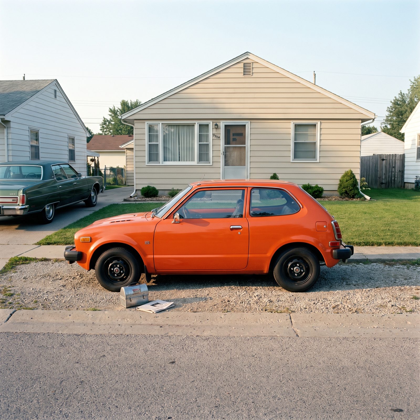 Late-1970s working-class driveway with a bright orange foreign compact hatchback, a domestic sedan visible in the