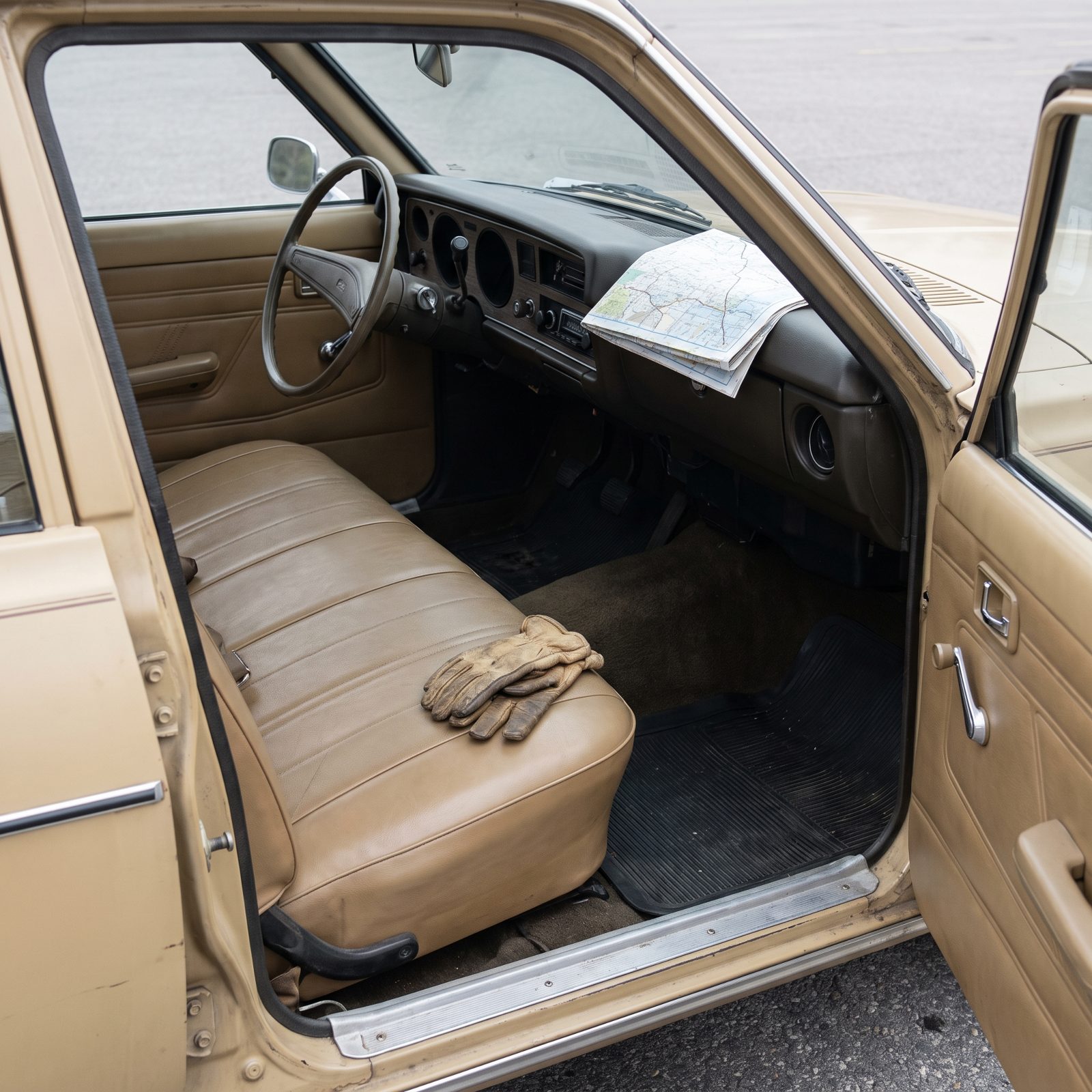 Interior of a 1970s economy sedan with a tan vinyl bench seat, manual crank window, rubber floor mats, and a single AM radio.