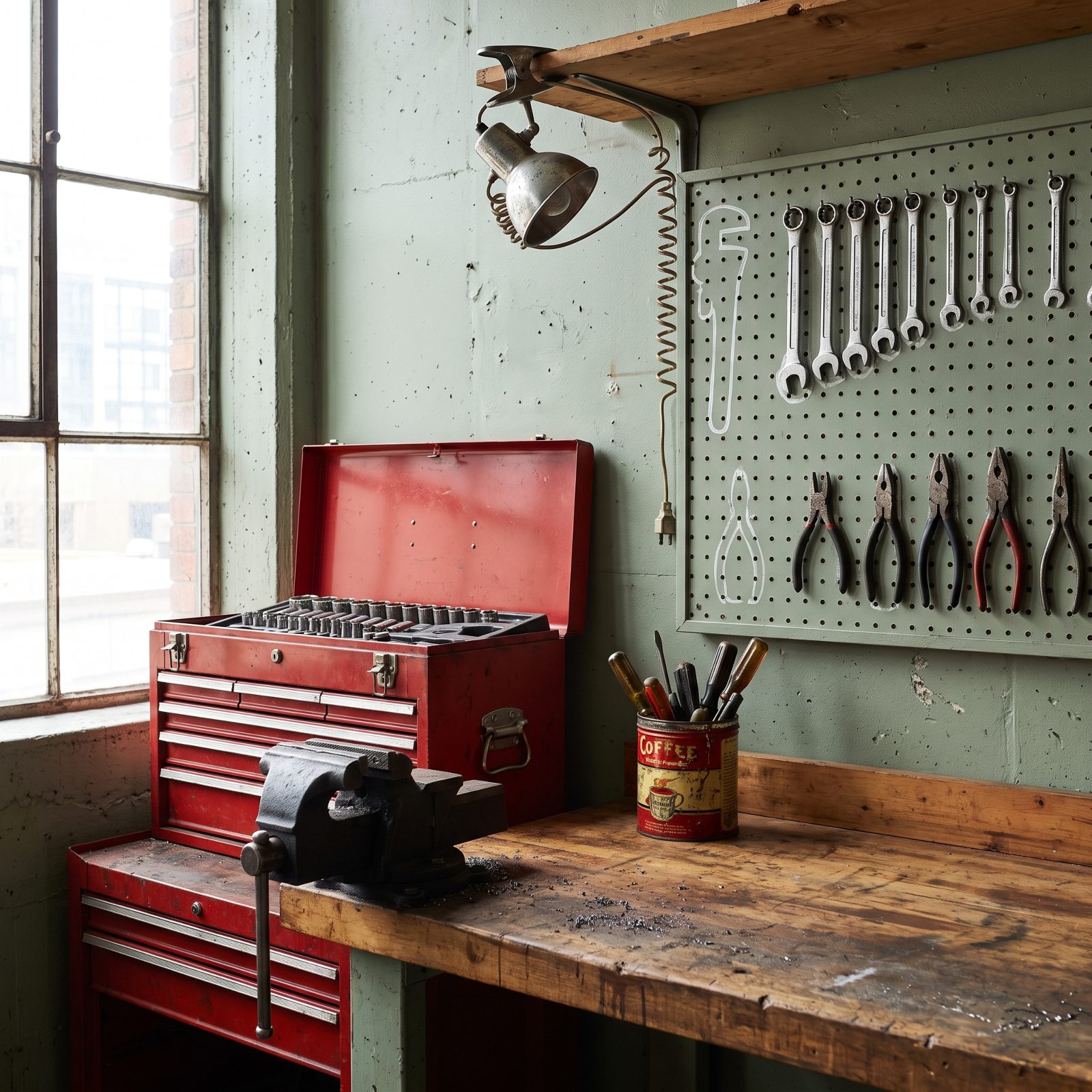 Garage workbench with a red rolling tool chest, its lid open showing sockets, and a pegboard shadow board with wrench