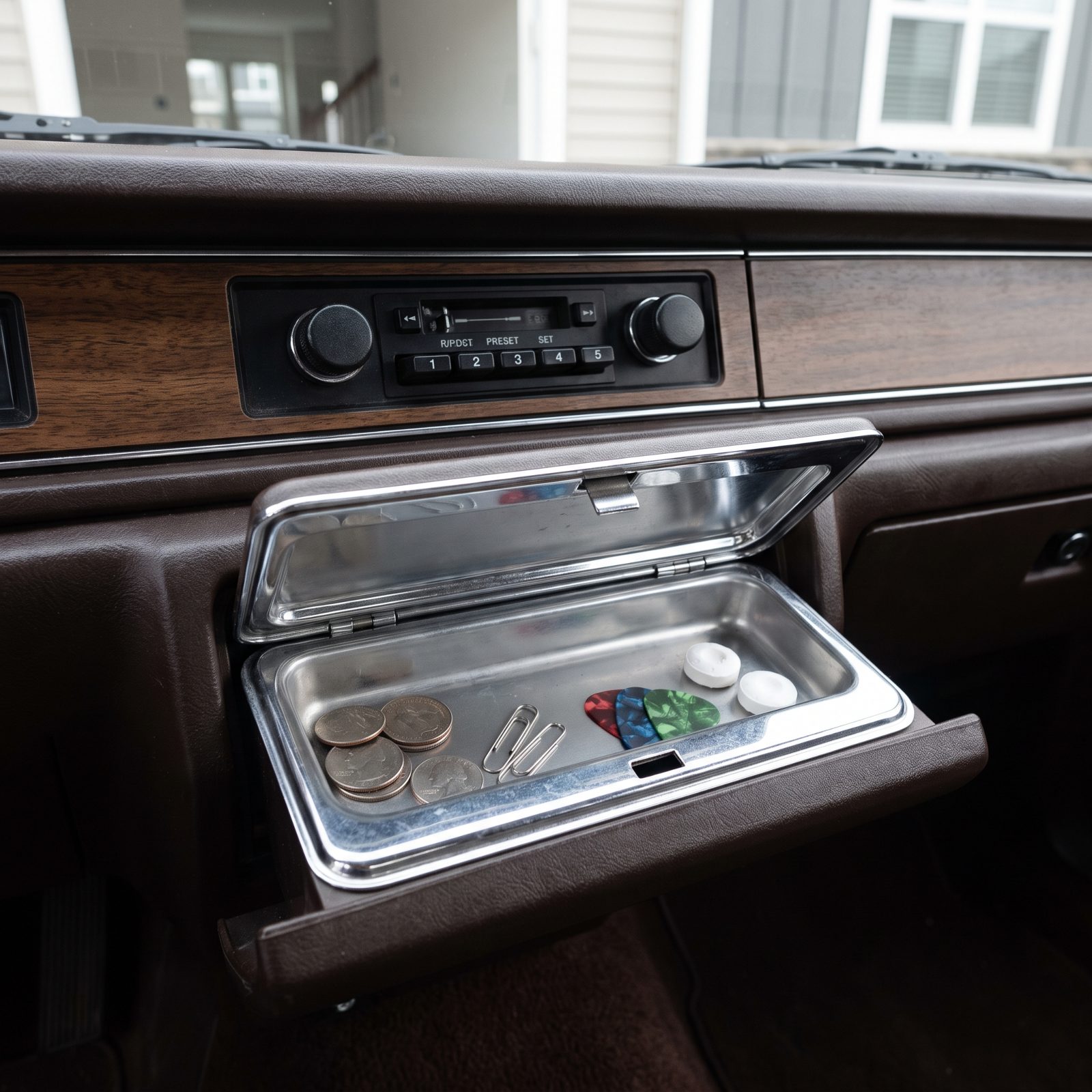 Pulled-out dashboard ashtray repurposed to hold coins, paperclips, guitar picks, and breath mints.