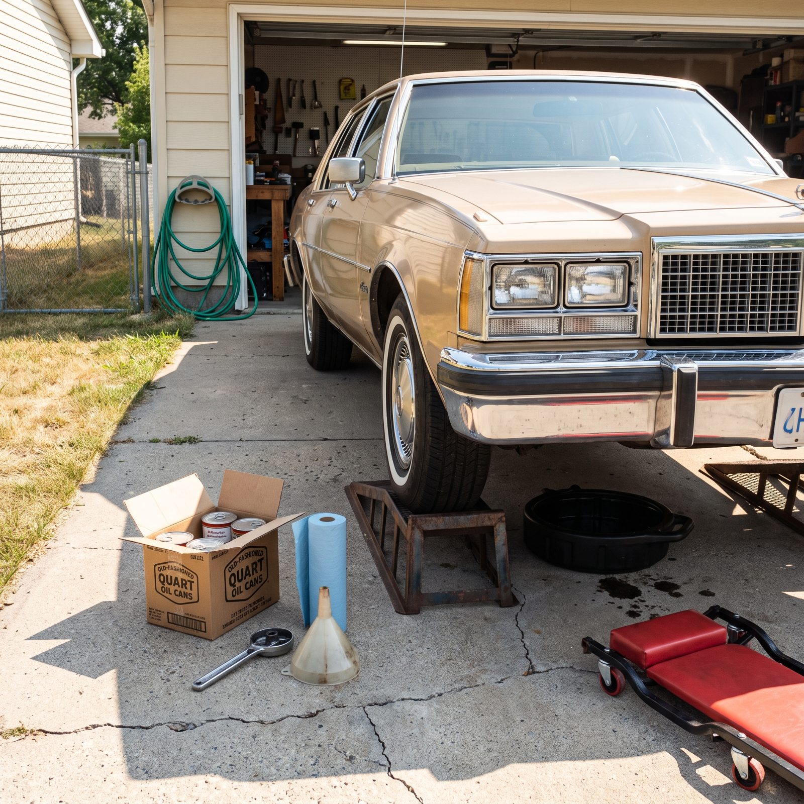 1970s driveway with a tan sedan on steel ramps, a drain pan underneath, and a case of oil cans and a filter wrench beside