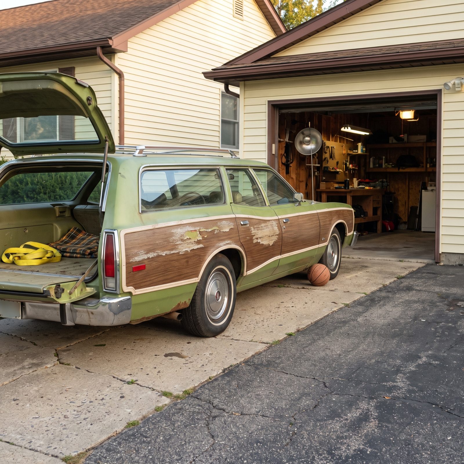 Mid-1970s driveway with a faded green wood-paneled station wagon, tailgate open and a folded blanket in the cargo area.
