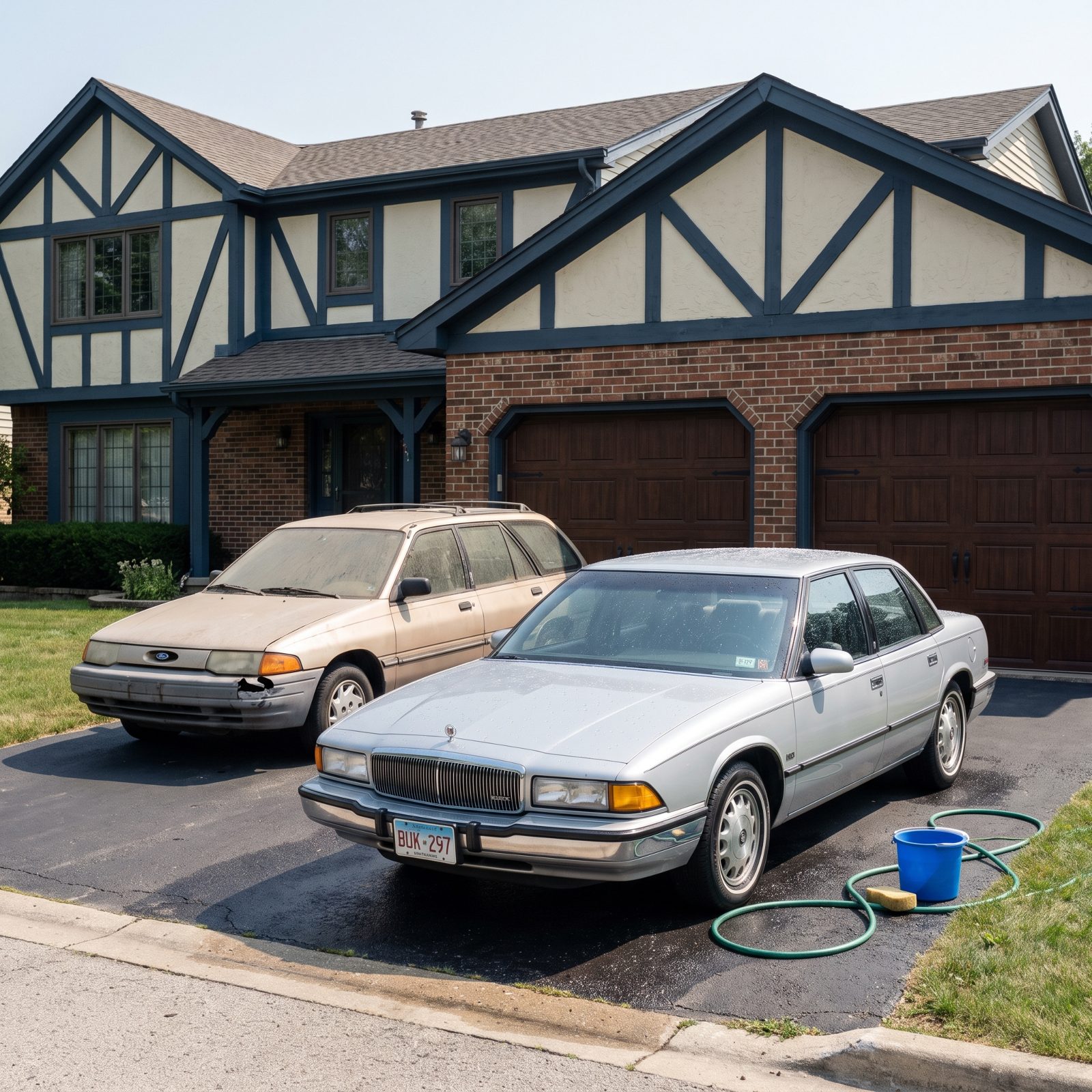 Driveway with a freshly washed silver Buick Regal at the street and a dusty beige Ford Escort with a cracked bumper parked
