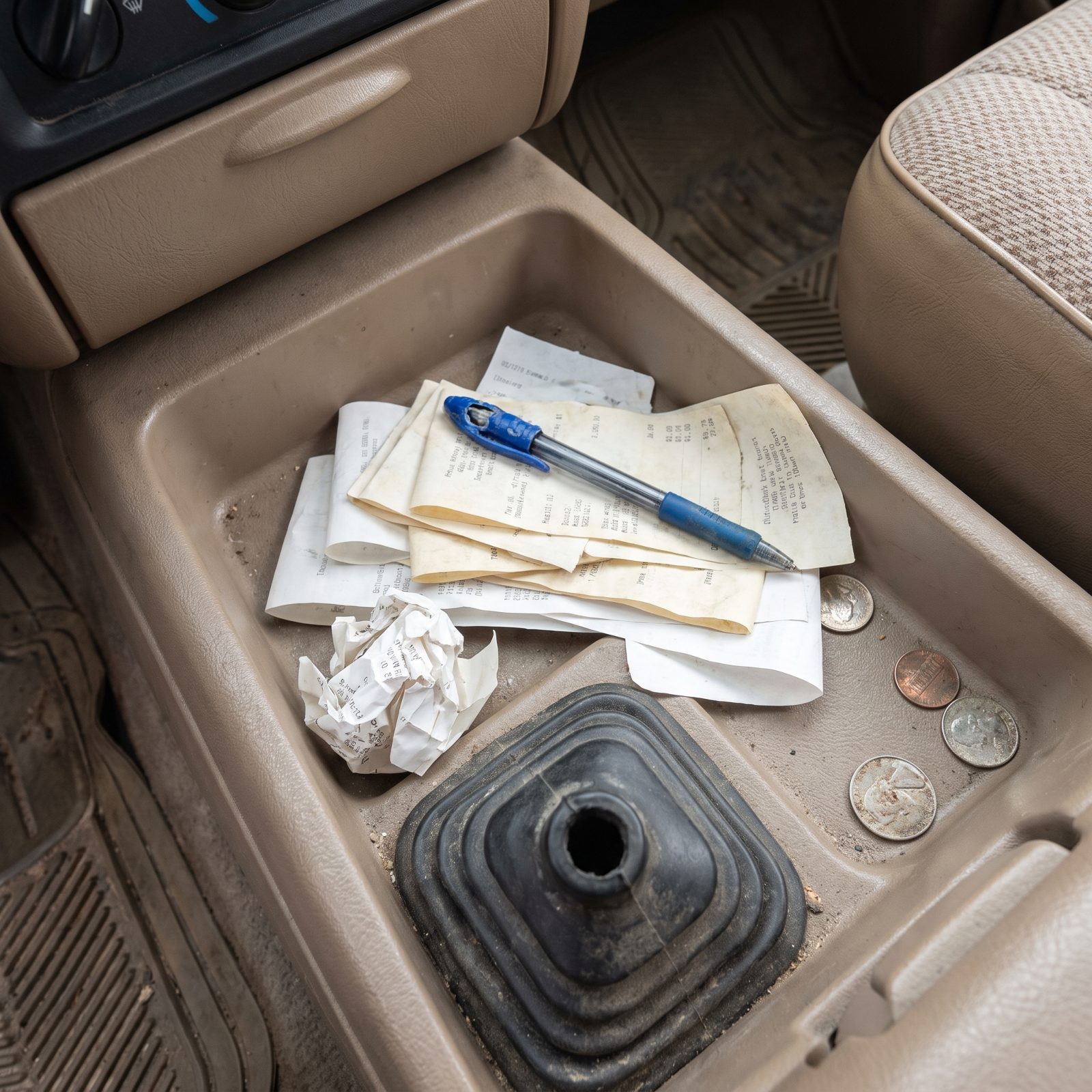 Console tray behind a truck shifter holding a stack of faded paper receipts and a pen.