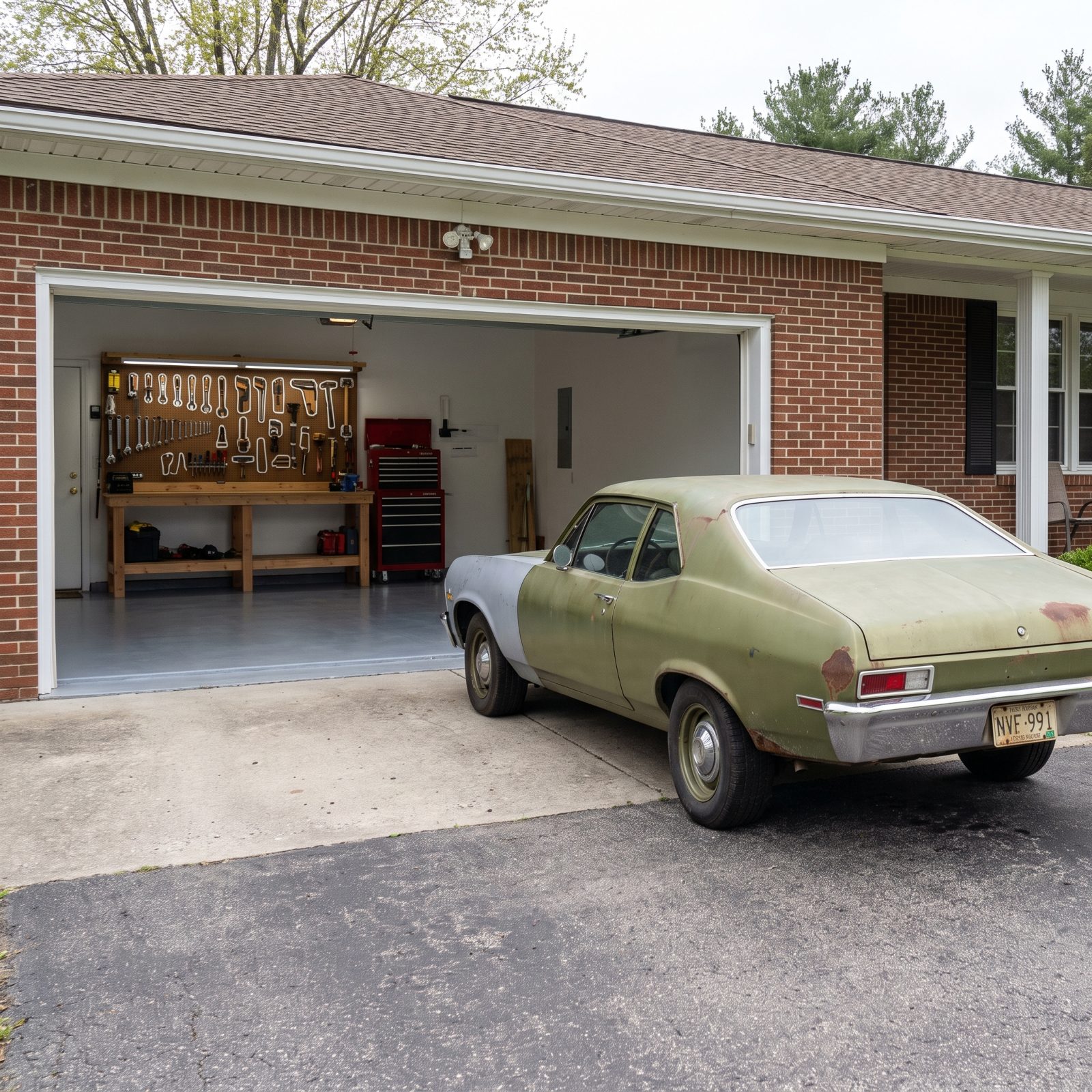 Open garage with a painted floor and pegboard tool outlines, and a green Nova with a mismatched fender parked on the