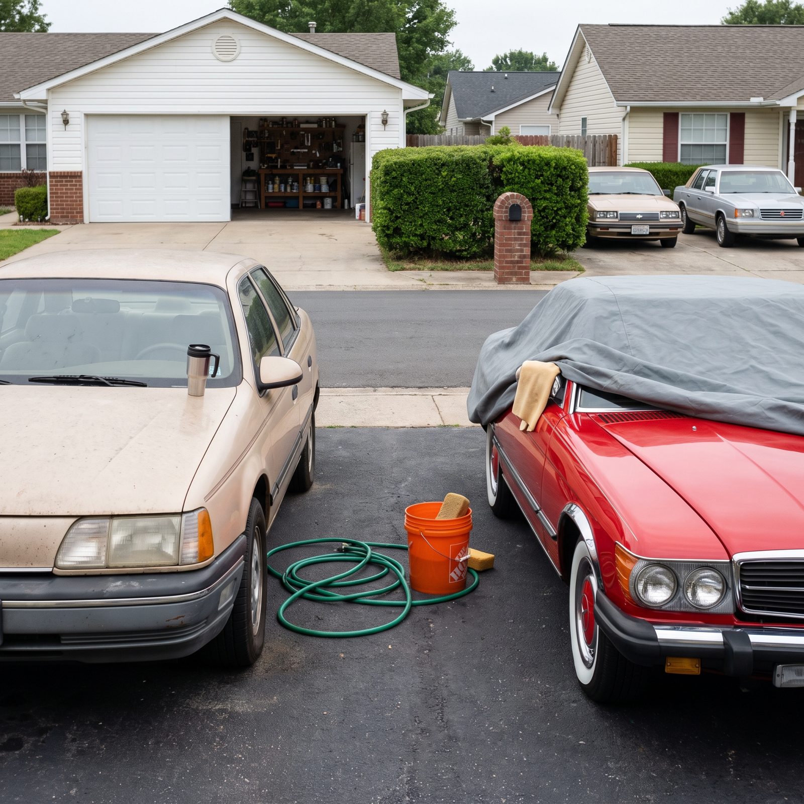 A driveway with a dusty beige commuter sedan on one side and a red convertible under a half-removed cover on the other.