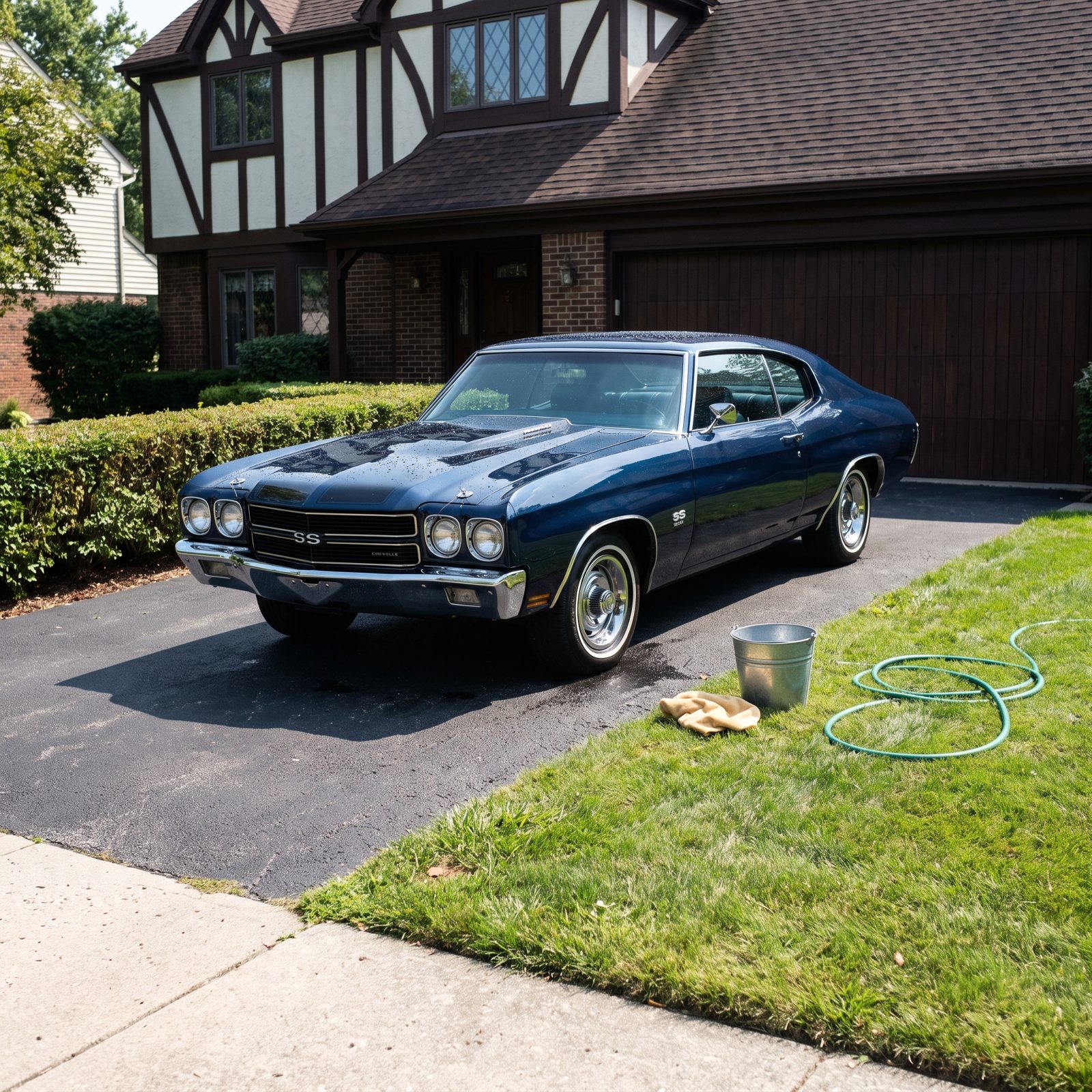 1970s driveway with a clean dark blue muscle car parked alone at the far edge, a bucket and hose on the grass beside it.